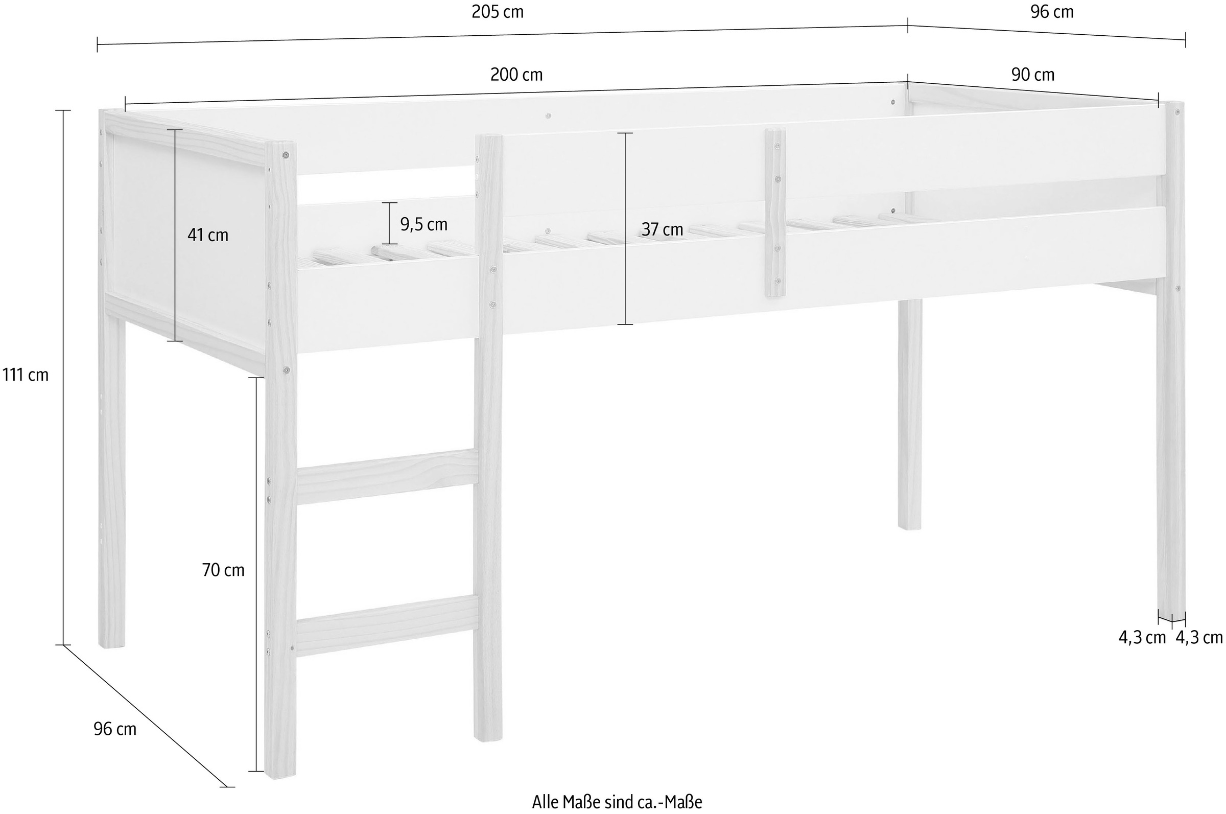 Lüttenhütt Hochbett »Janne«, Kiefernholz, Einzelbett, inklusive Holzleiter, Liegefläche 90x200 cm