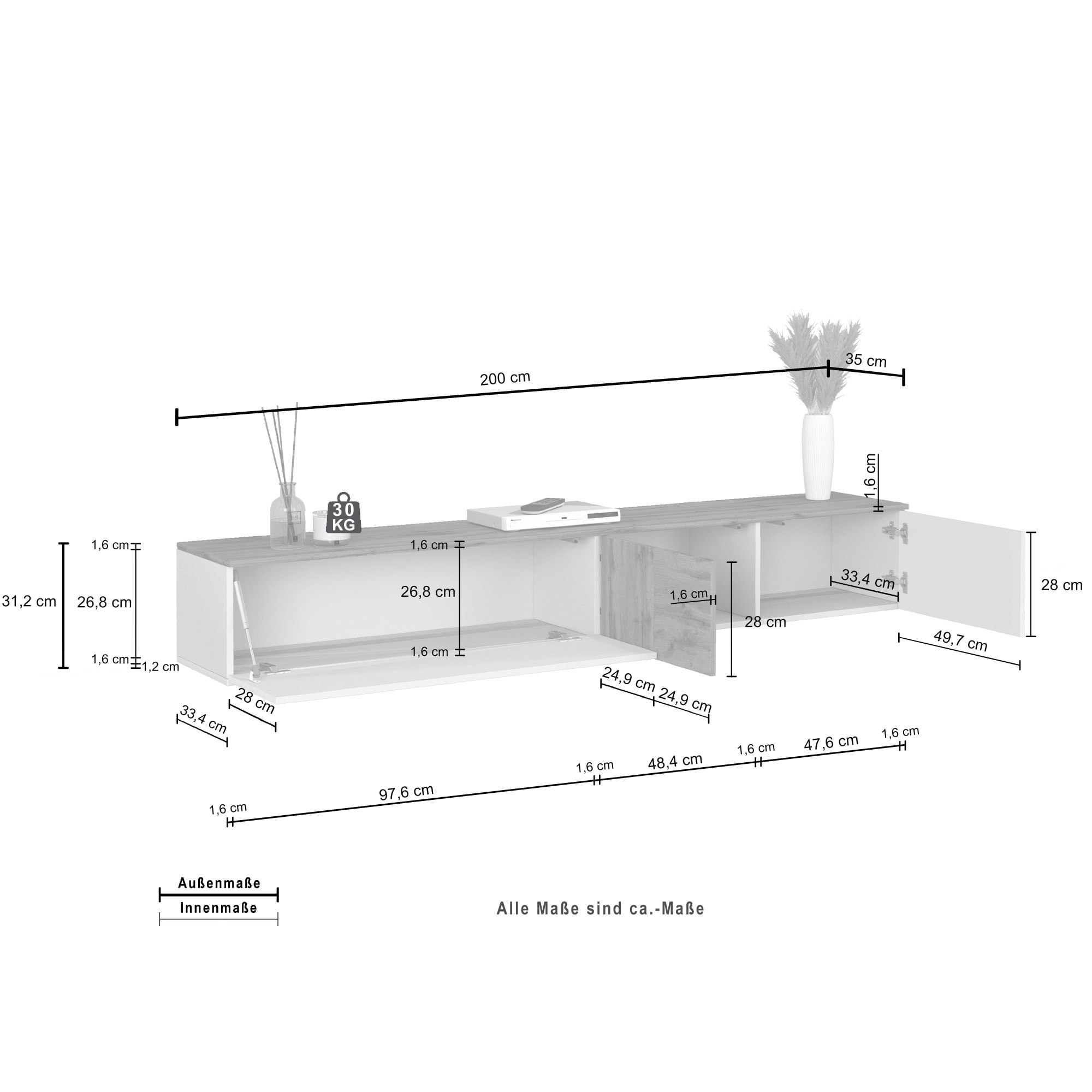 OTTO home Lowboard »ISEO, TV-Kommode,TV-Möbel,TV-Bank, 3 Fächer, Breite 210 cm« 1 Stk. tlg. stehend/hängend, 1 Klappe, 2 Türen, 3 Fächer, Breite 210 cm