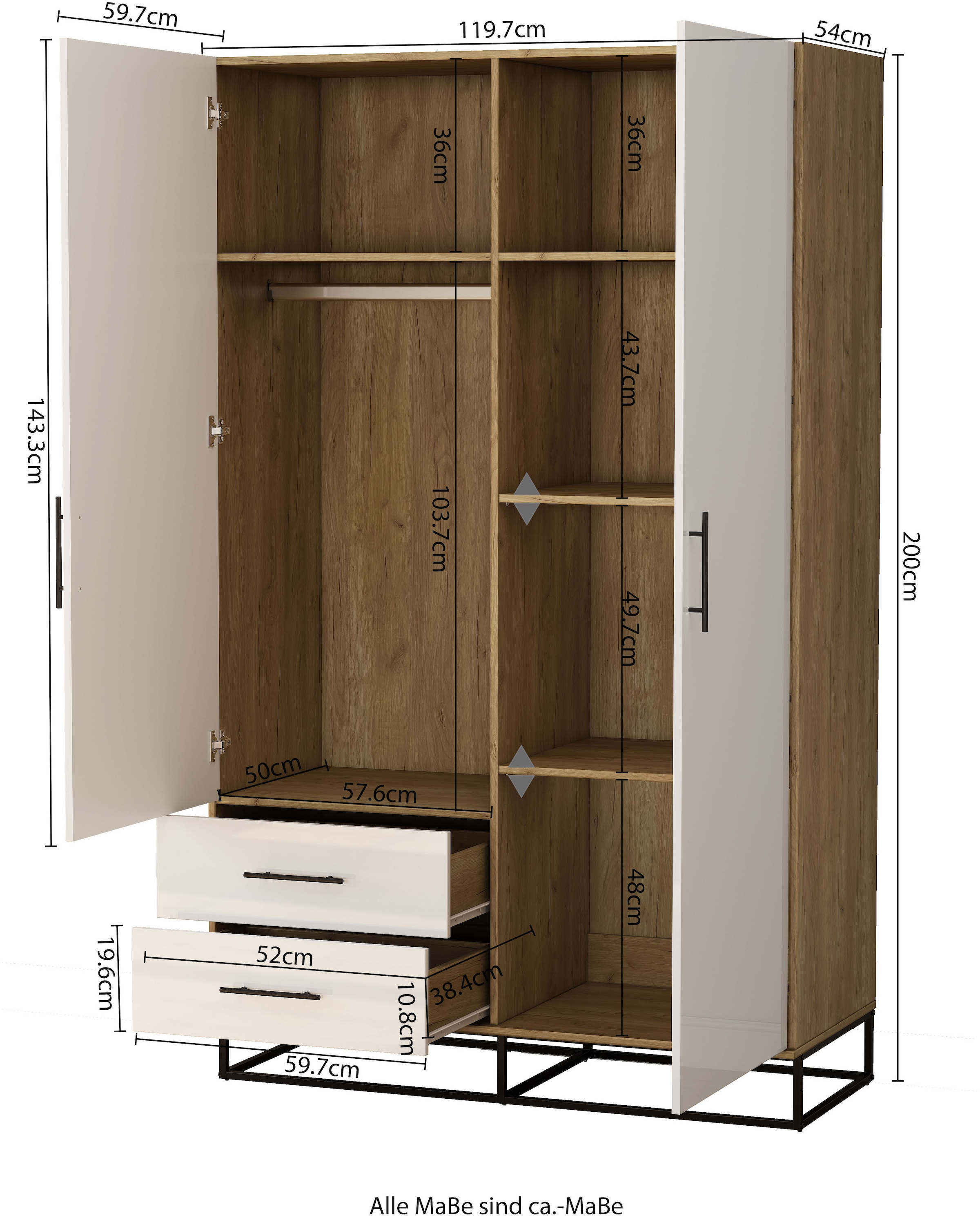 OTTO home Kleiderschrank »Lucca Schlafzimmerschrank Garderobe Hochglanz Bestseller« Hochwertige schwarze Griffe und Kufengestell aus Metall,  Schlafzimmerschrank mit 2 Türen und 2 Schubladen, Breite 120cm