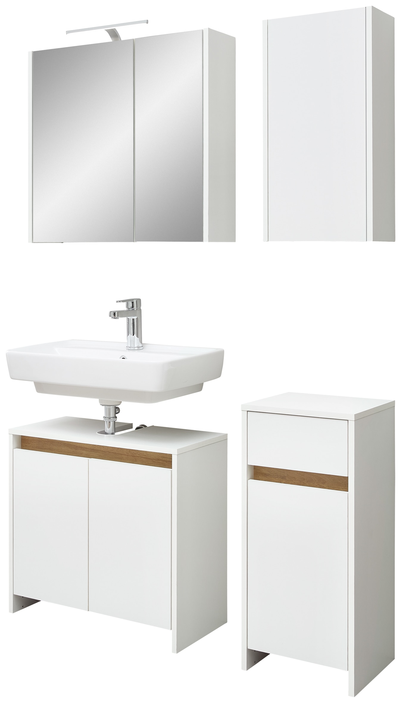 Saphir Badmöbel-Set »Quickset 100, Waschbeckenunterschrank mit Spiegelschrank«, (4 St.), Badezimmer-Set mit Unterschrank und Hängeschrank Perl-Weiß