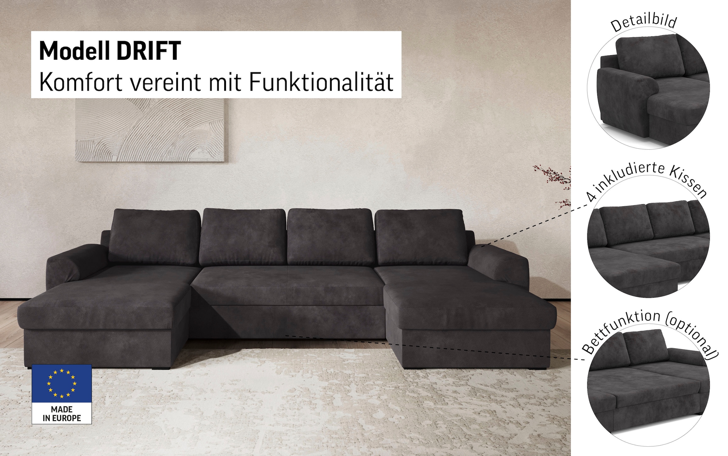 COTTA Wohnlandschaft »Drift U-Form Ottomane, Breite 327 cm« optional auch mit Schlaffunktion, Wellenunterfederung