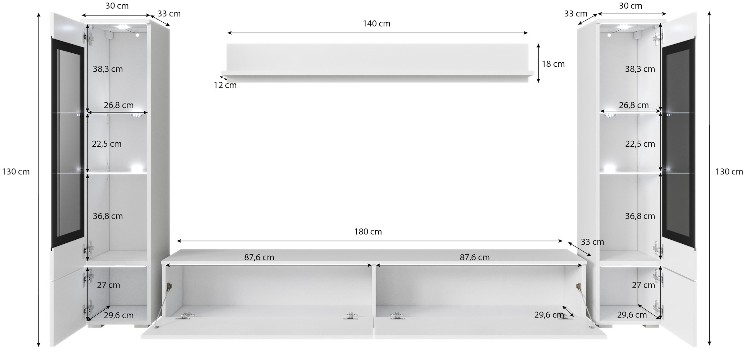 INOSIGN Wohnwand »VERA II«, (Komplett-Set, 4 St.), Mediawand 260 cm, Vitrine mit Verglasung, stehend und hängend