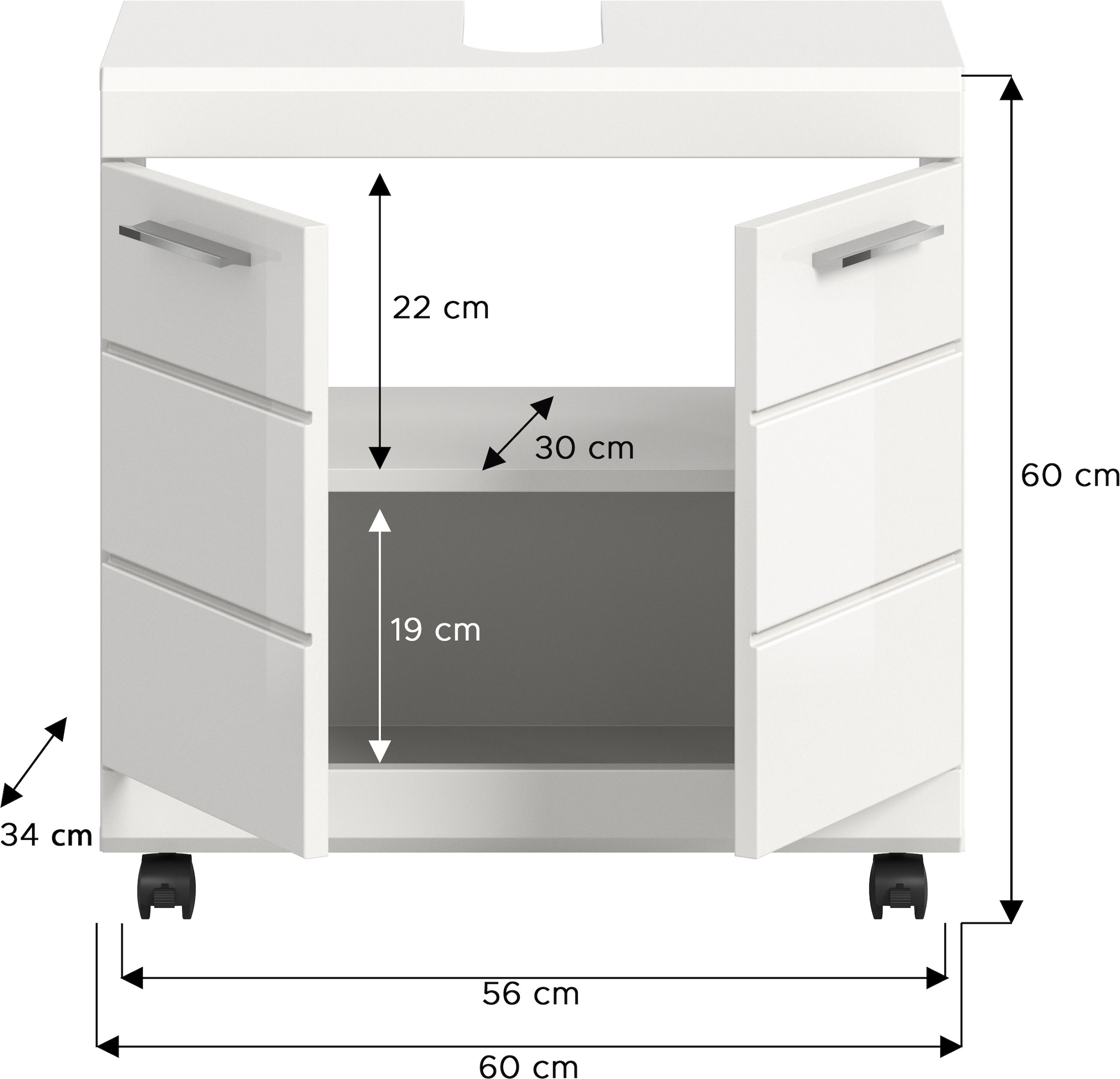 welltime Waschbeckenunterschrank »SIENA, Breite 60cm,  2 Türen oder 2 Schubkästen, auf Rollen, MDF-Front« TOPSELLER! , mit Siphonausschnitt 10x25 cm,  in verschiedenen Farben erhältlich, Badmöbel, Badschrank, Kommode, Bad