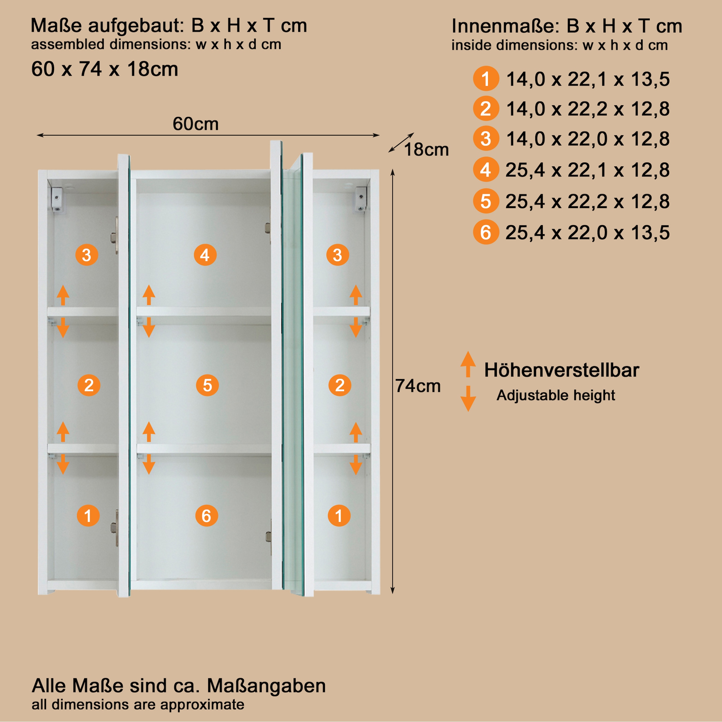 welltime Spiegelschrank »Mora«, Spiegelschrank mit 3 Türen & 6 Böden - (B/T/H) 60/18/74 cm