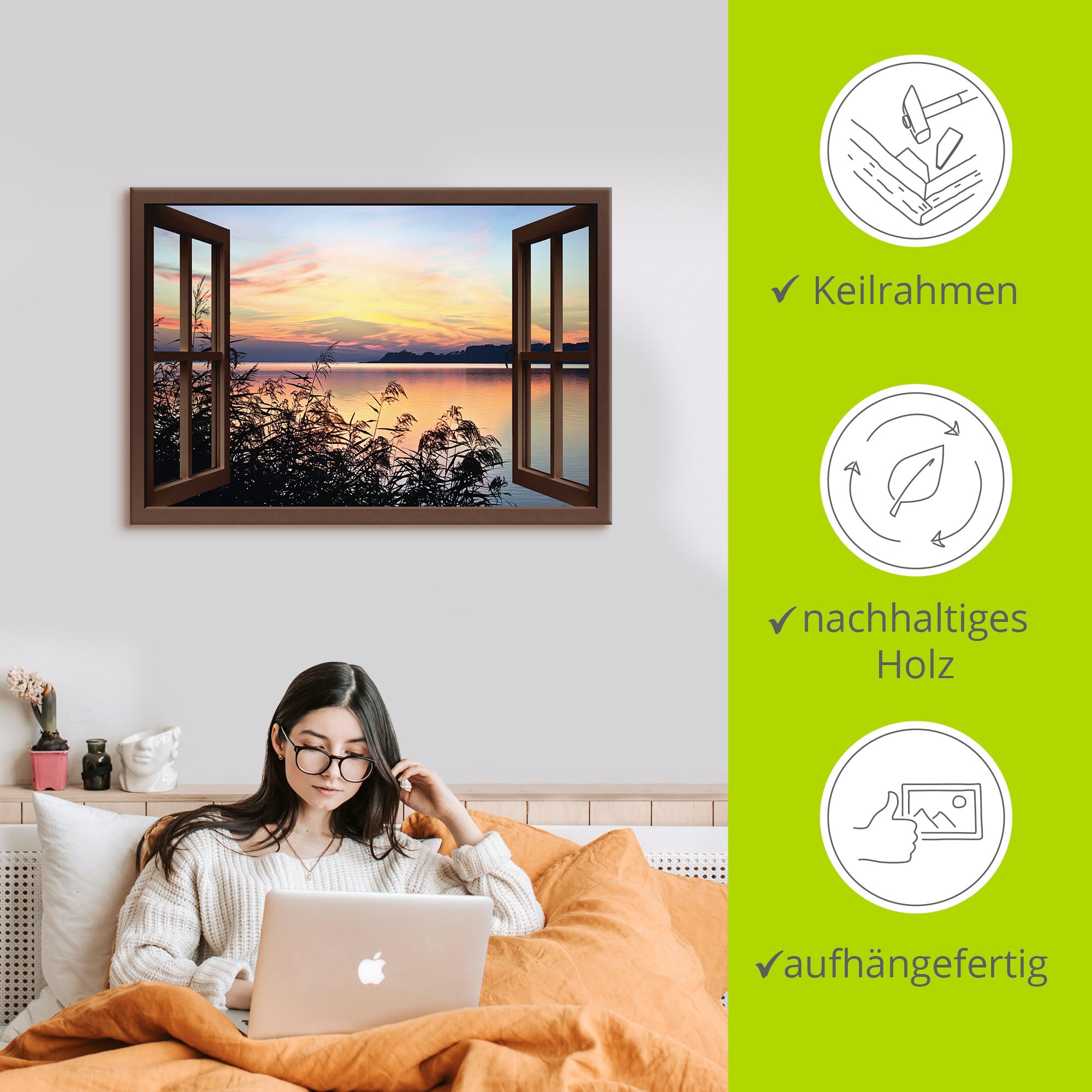 Artland Wandbild »Fensterblick - Abendrot im Schilf«, Fensterblick, (1 St.), als Leinwandbild, Poster in verschied. Größen