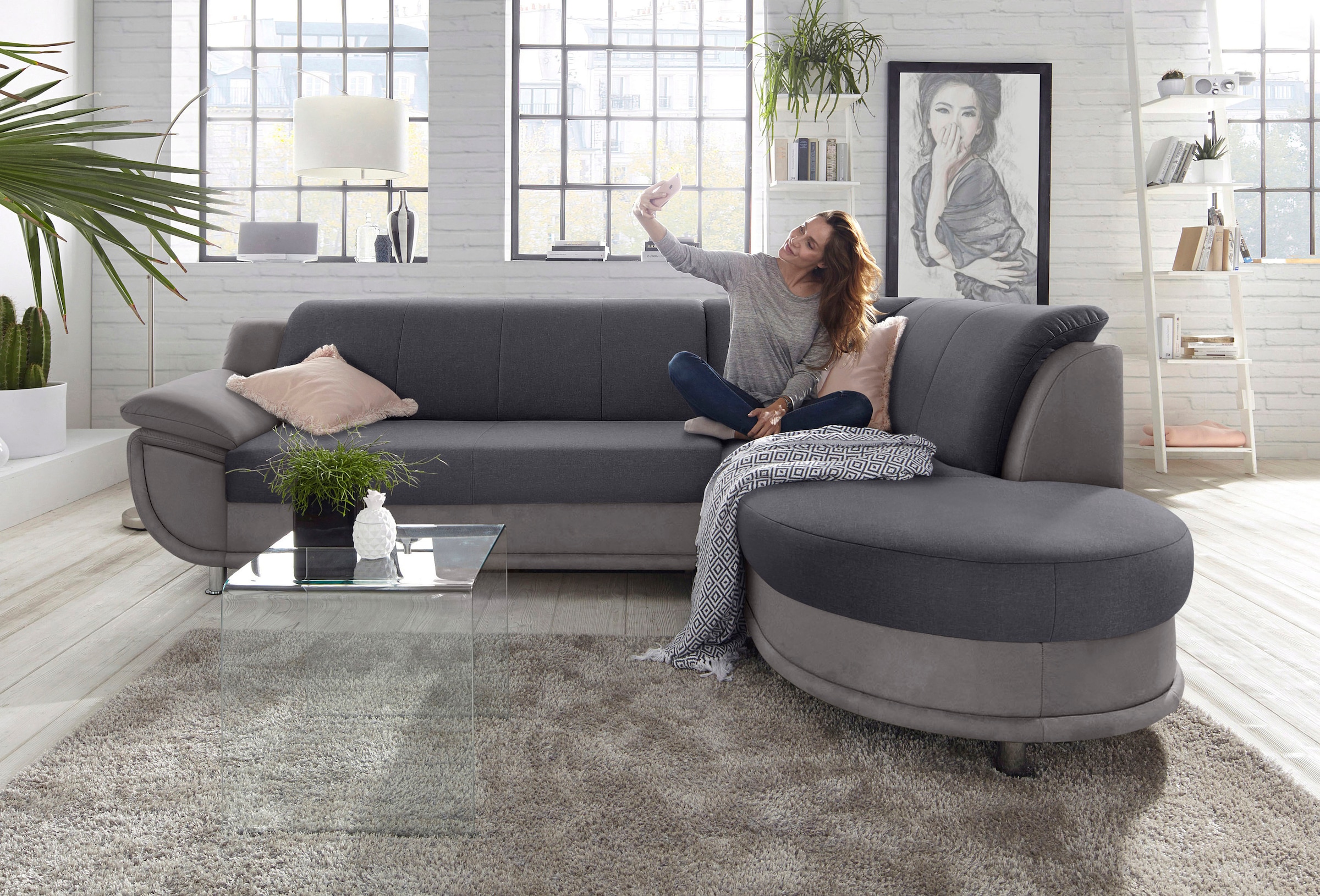 TRENDMANUFAKTUR Ecksofa »Rondo 3, zeitlos und bequem, Materialmix, breite Armlehnen, L-Form« wahlweise mit Federkern für mehr Komfort, wahlweise mit Bettfunktion