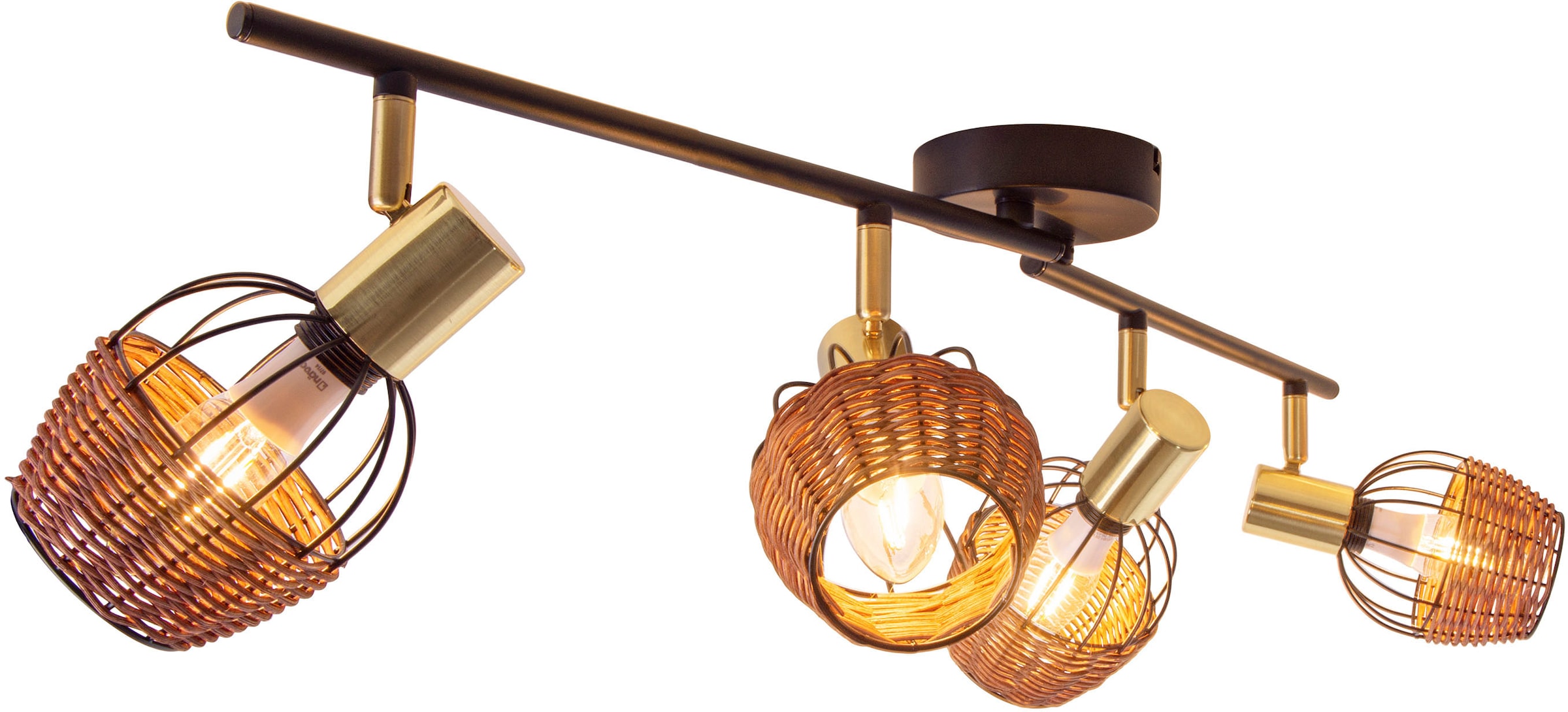 näve Deckenspots »Corbis«, 4 flammig, Leuchtmittel E14 | ohne Leuchtmittel, 4 Spots excl. E14 max. 40W schwarz/natur/gold Länge 78cm mit Rattan