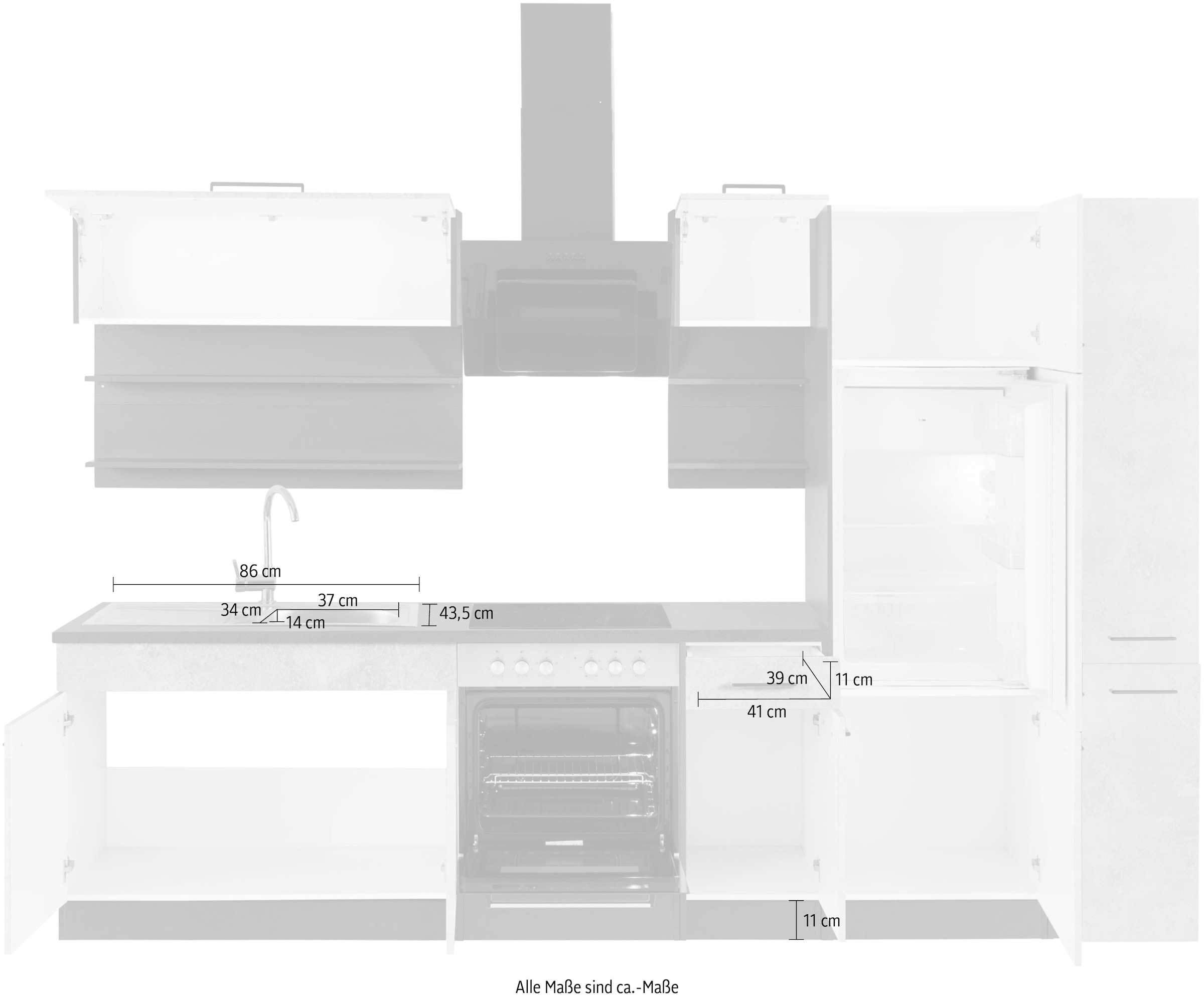 KOCHSTATION Küchenzeile »KS-Tulsa«, mit E-Geräten, Breite 300 cm, schwarze Metallgriffe, MDF Fronten
