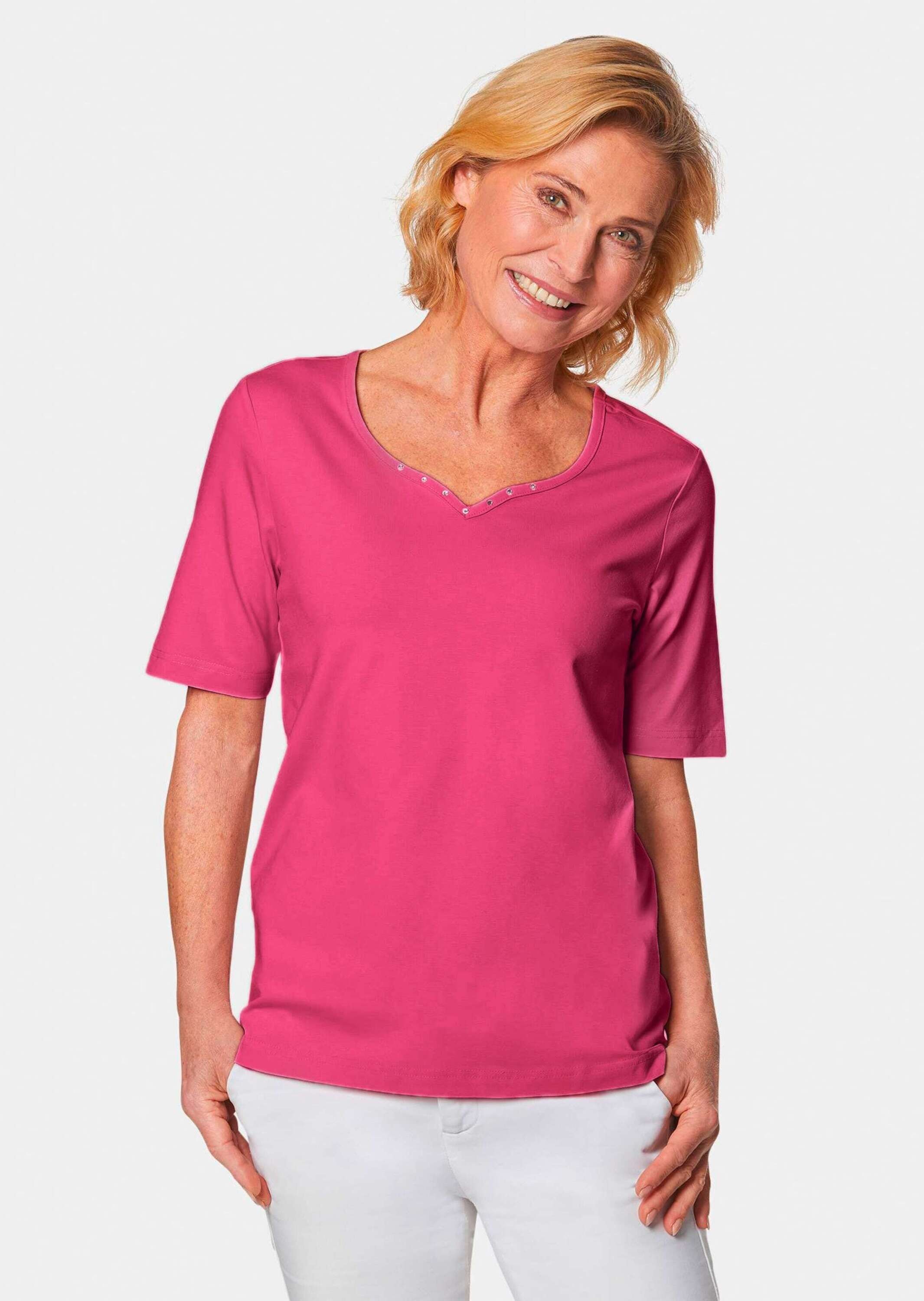 GOLDNER Langarm-Poloshirt »T-Shirt mit charmantem Ausschnitt und Schmucksteinchen«