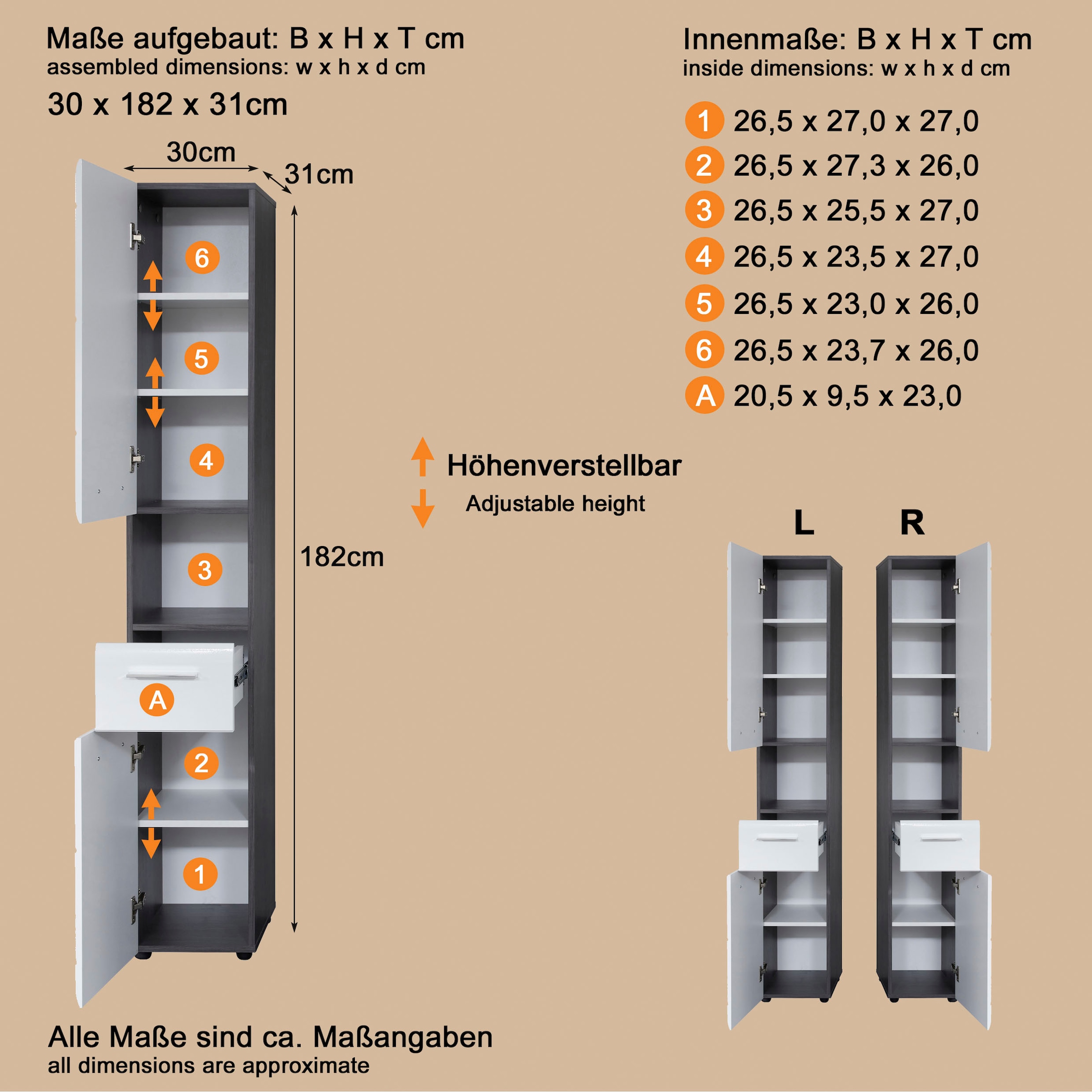 welltime Hochschrank »Sovana« Badezimmerschrank in Hochglanzoptik - (B/T/H) 30/31/182 cm