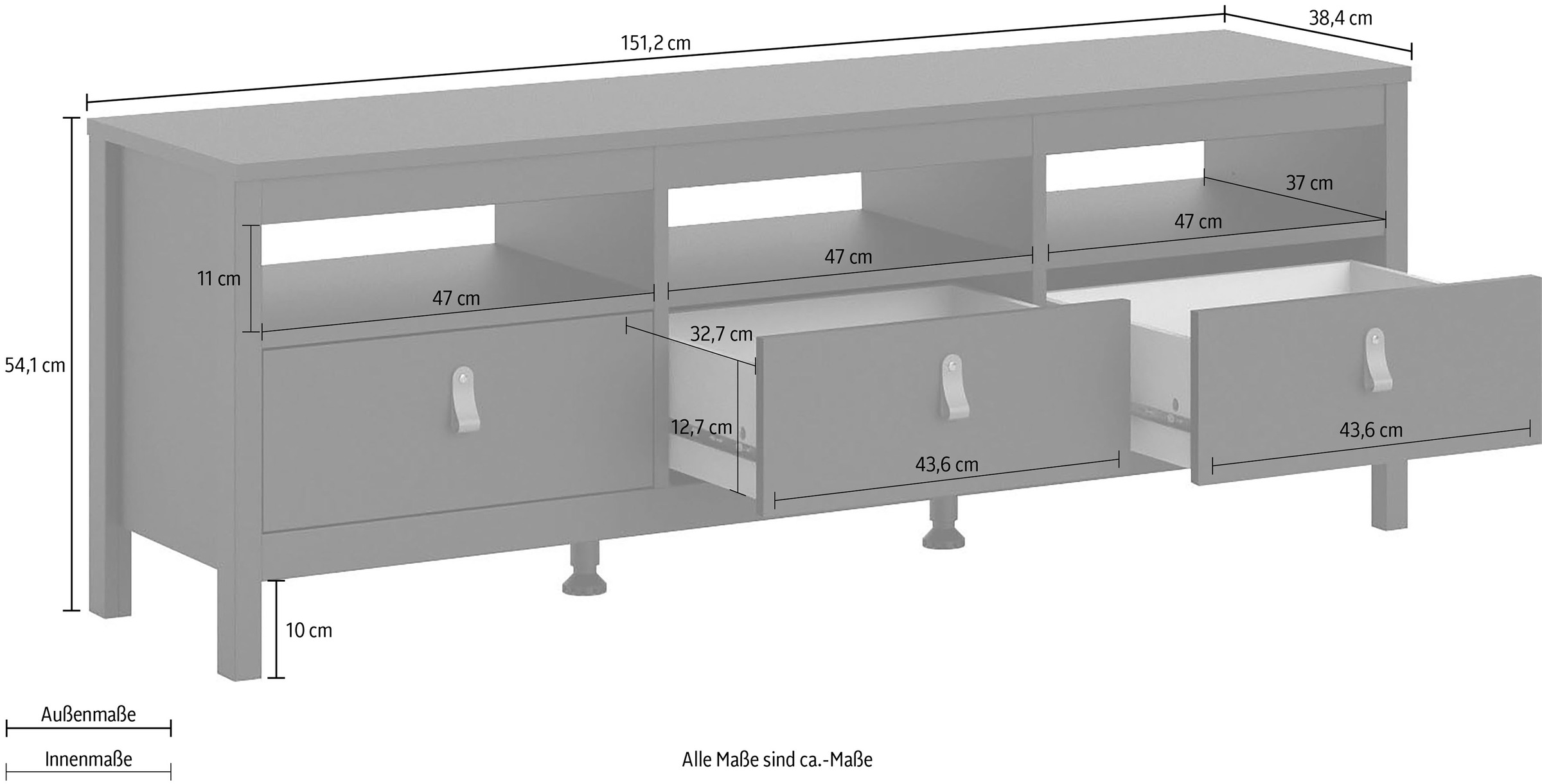 Home affaire TV-Bank »Madrid, TV-Möbel, Fernsehtisch, TV-Unit, Media-Möbel, Sideboard,«, mit 3 Schubladen und 3 offenen Fächern, Breite 151 cm, Höhe 54 cm
