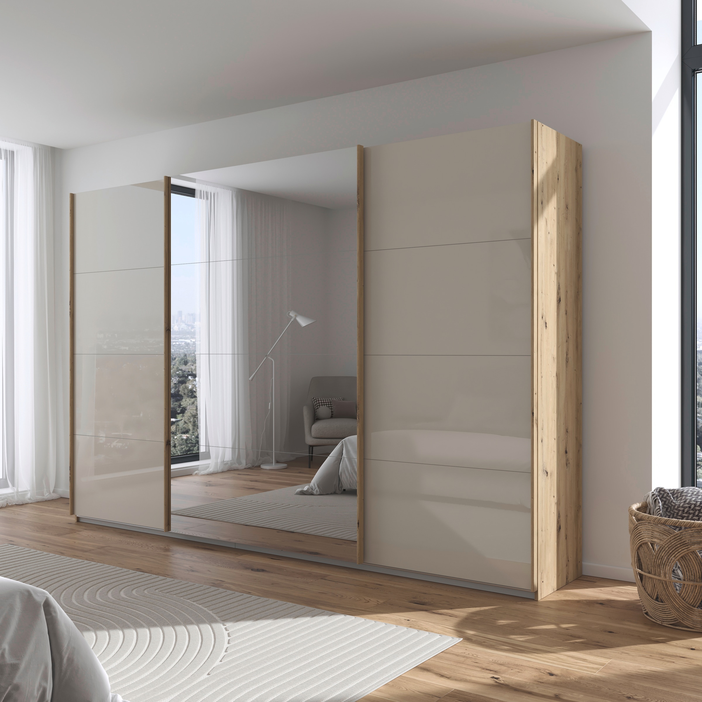 rauch Schwebetürenschrank »Kleiderschrank Kleiderschränke Schrank Garderobe AGORDO mit Glasfront«, durchdachte Innenausstattung, in 4 Breiten und 2 Höhen MADE IN GERMANY