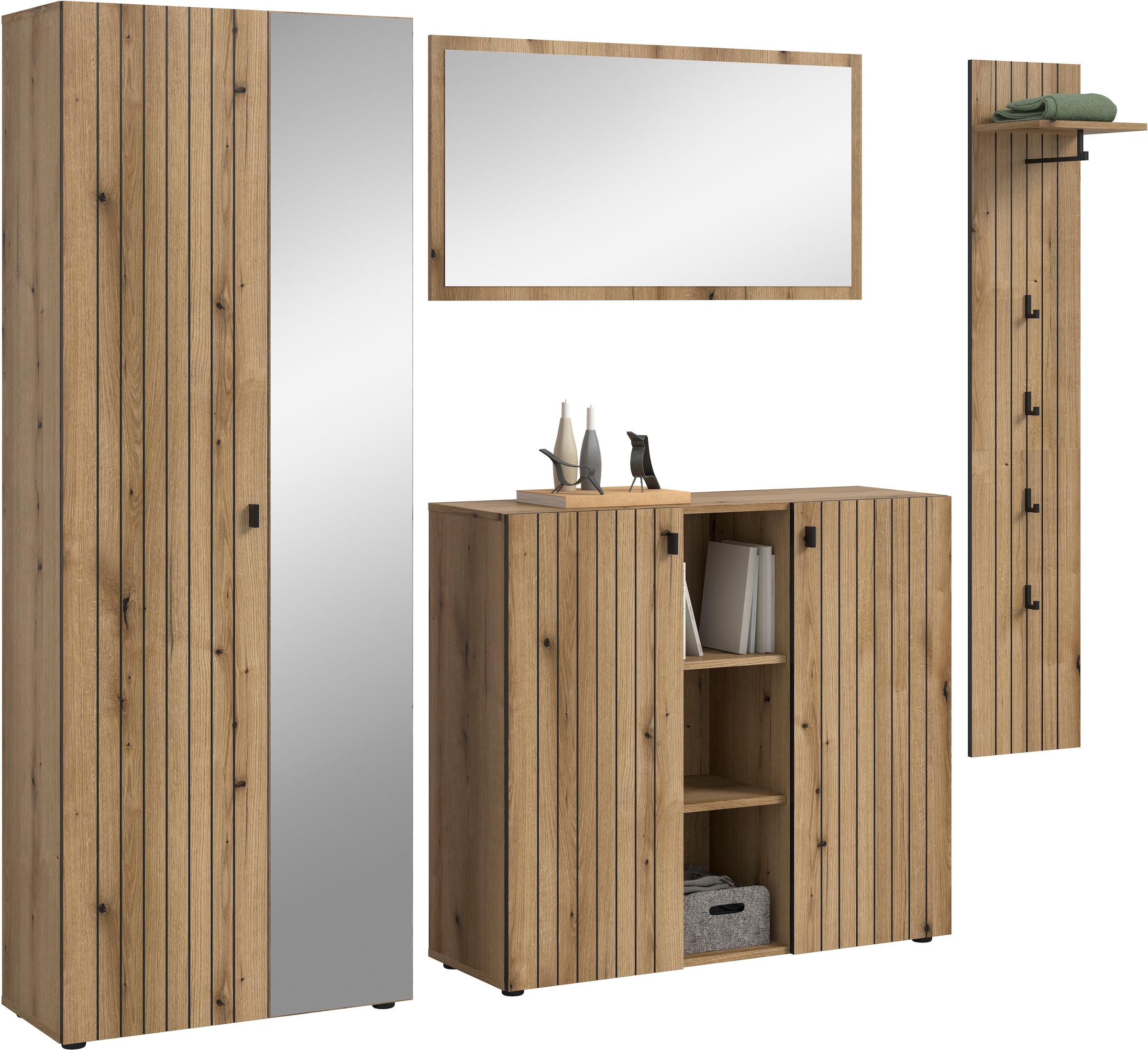 Home affaire Garderoben-Set »TATIO, 4-tlg. Garderobenkombination, Breite: 237 cm, Rillenfräsung« Set, 1 Spiegel, 1 Garderobenschrank, 1 Schuhkommode, 1 Garderobenpaneel, 4 Stk. tlg.
