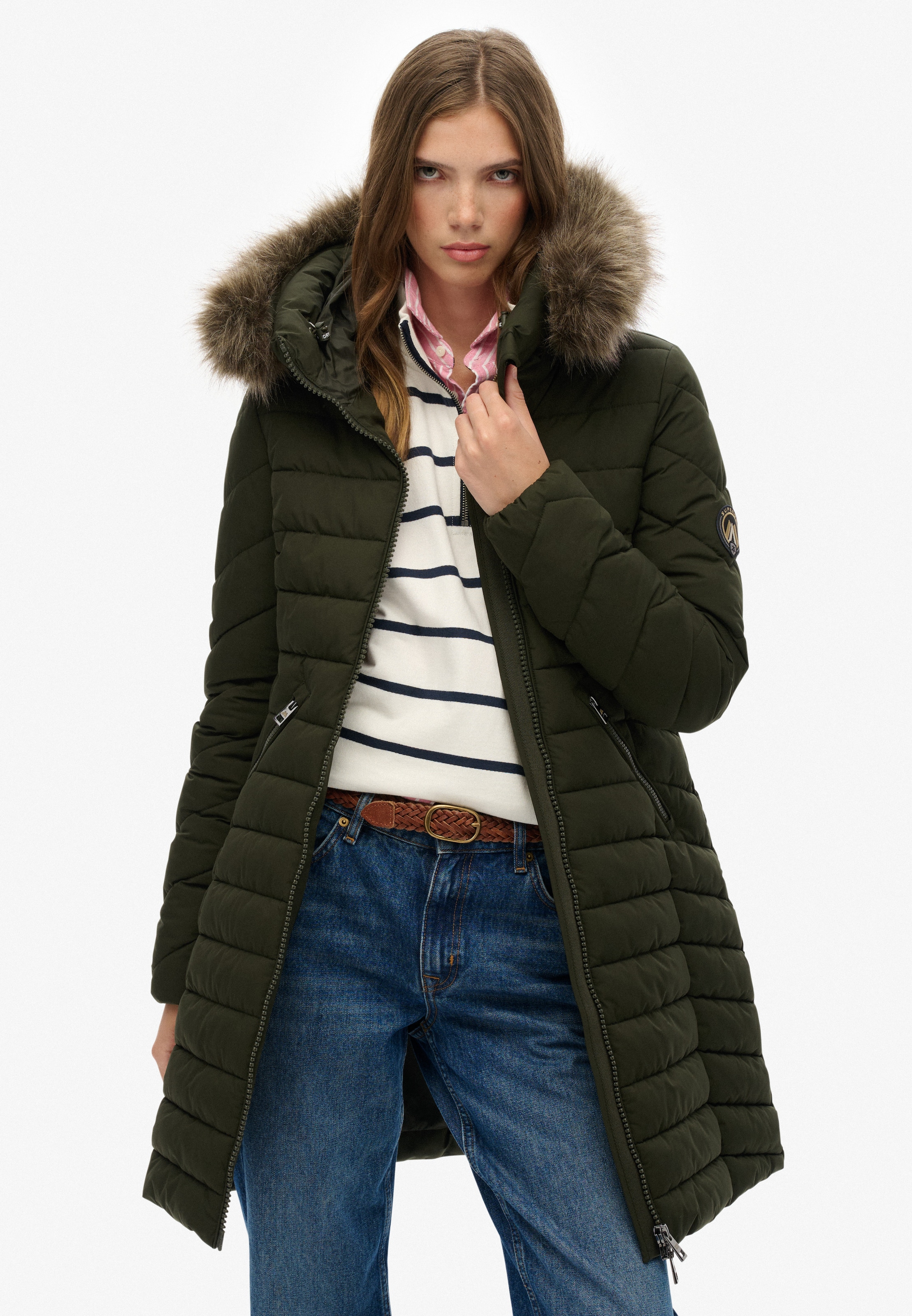 Superdry Steppjacke »FUJI FAUX FUR HOOD MID LENGTH«, mit Kapuze