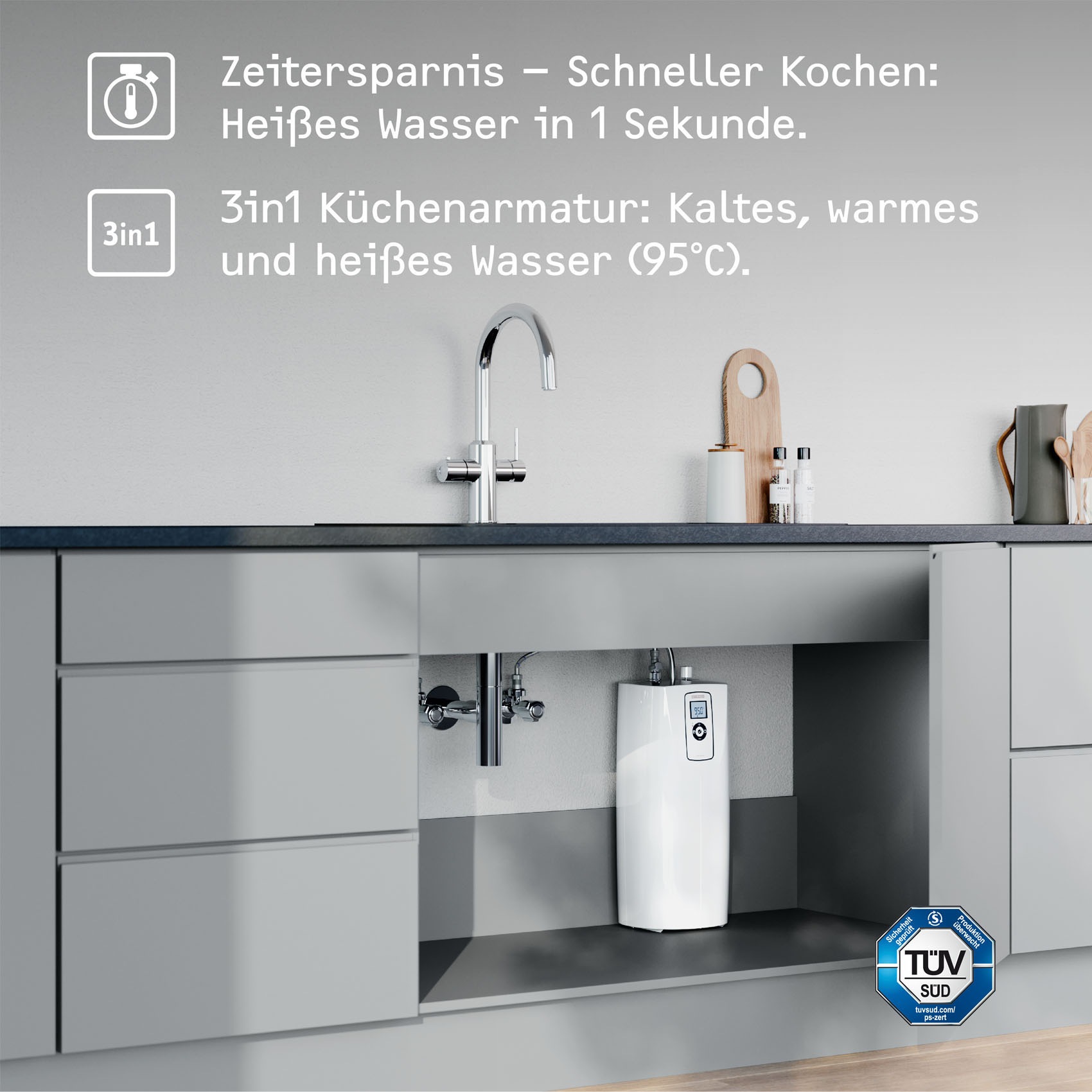 STIEBEL ELTRON Untertisch-Trinkwassersystem »Kochendwassergerät HOT 2.6 N Premium + 3in1 b gebürstet« Set mit Heißwassergerät und speziellem Wasserhahn für die Küche