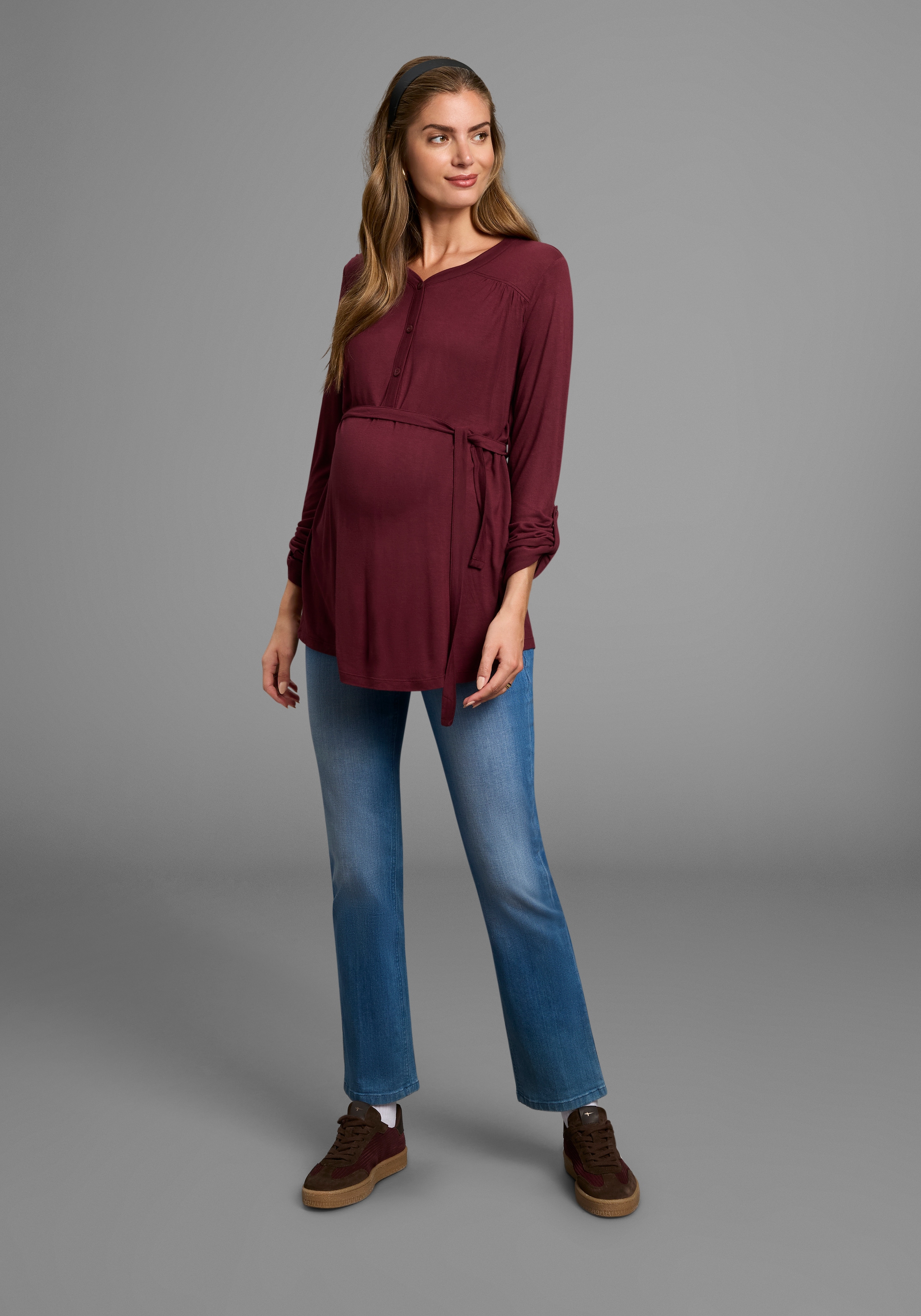 Neun Monate Umstandsshirt »Jersey-Bluse mit Bindegürtel« Viskose Umstands-Bluse praktisch für Schwangerschaft und danach