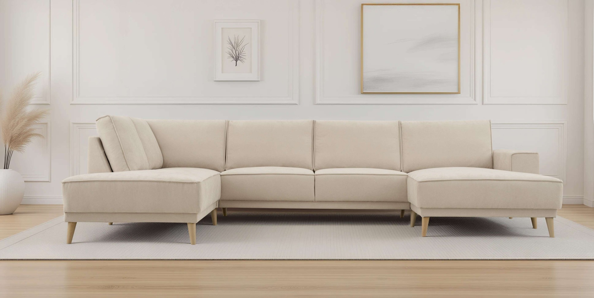 OTTO home Wohnlandschaft »Oland Skandi, weicher Chenille-Stoff« U-Form, 345 cm, Wellenunterfederung, Skandi-Design, Massivholzfüße