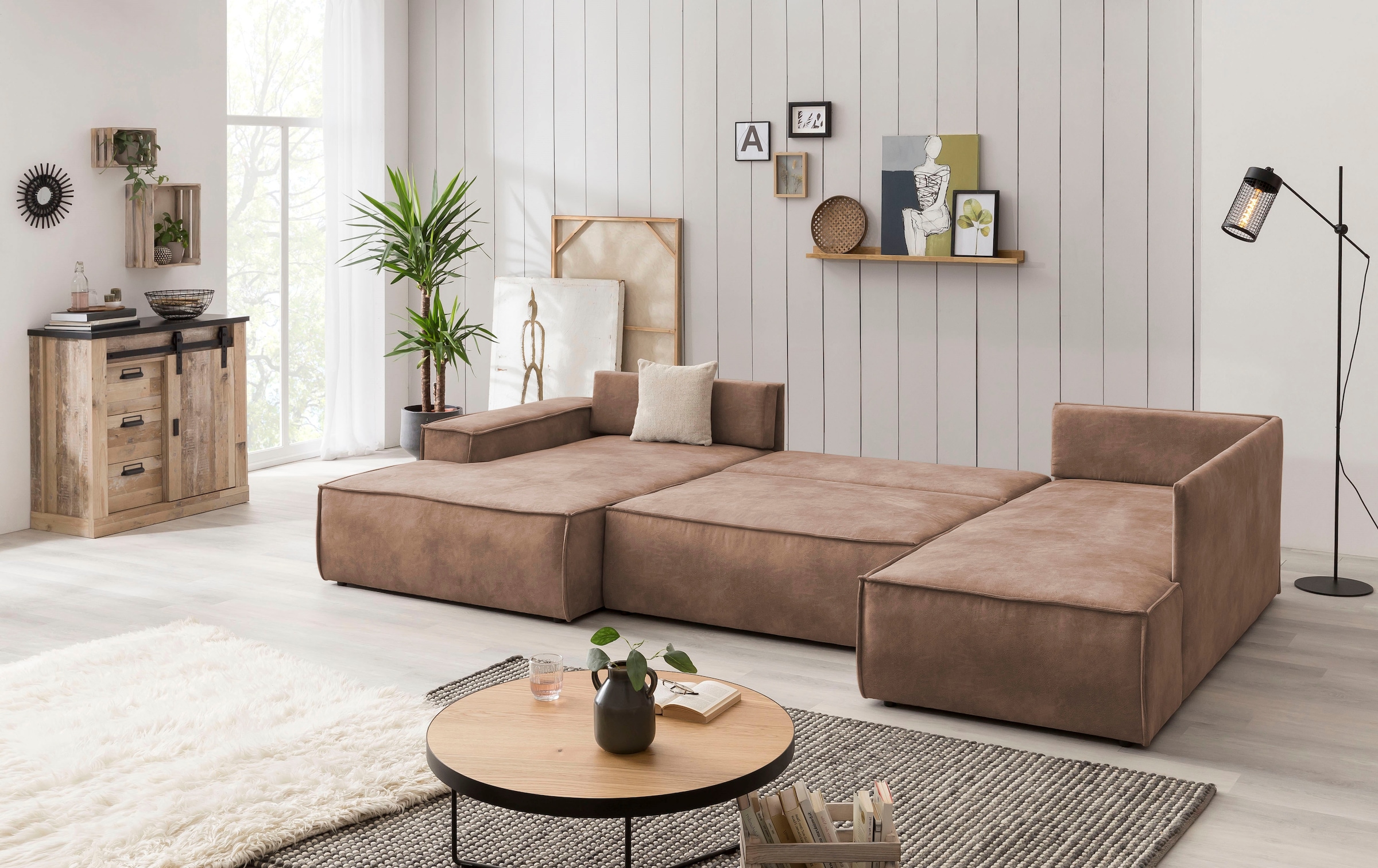 OTTO home Wohnlandschaft »SHERWOOD Vintage Lederoptik U-Form, 329 cm« Schlaffunktion m. Bettkasten (194x139 cm), Cord, Vintage, Samtvelours