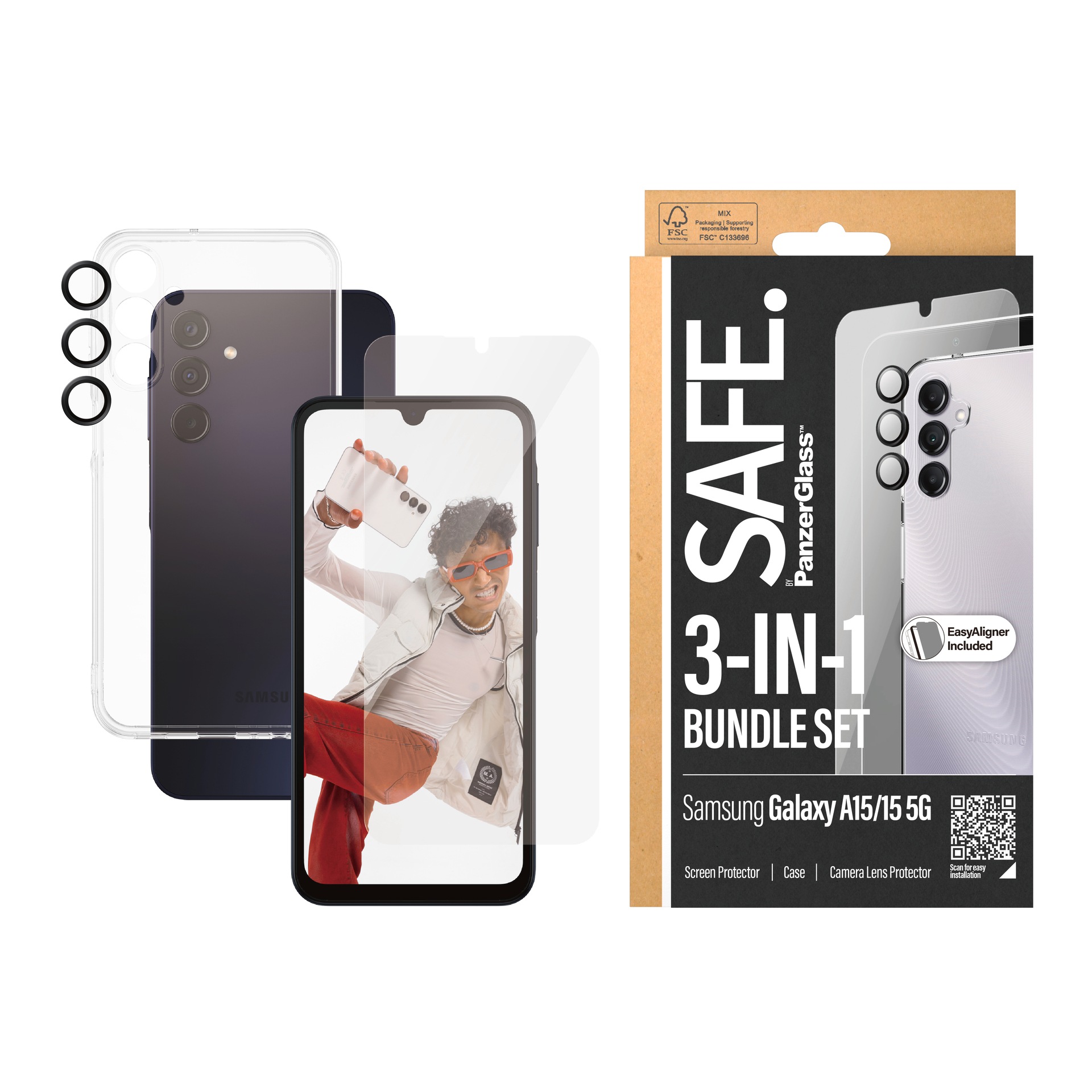 SAFE by PanzerGlass Displayschutzglas »3-in-1 Bundle Set Screen Protector, Case und Camera Lens Protector«, für Samsung Galaxy A15-Samsung Galaxy A15 5G, Bildschirmschutz, Kameraschutz, Backcover, Rundumschutz, 360 Grad