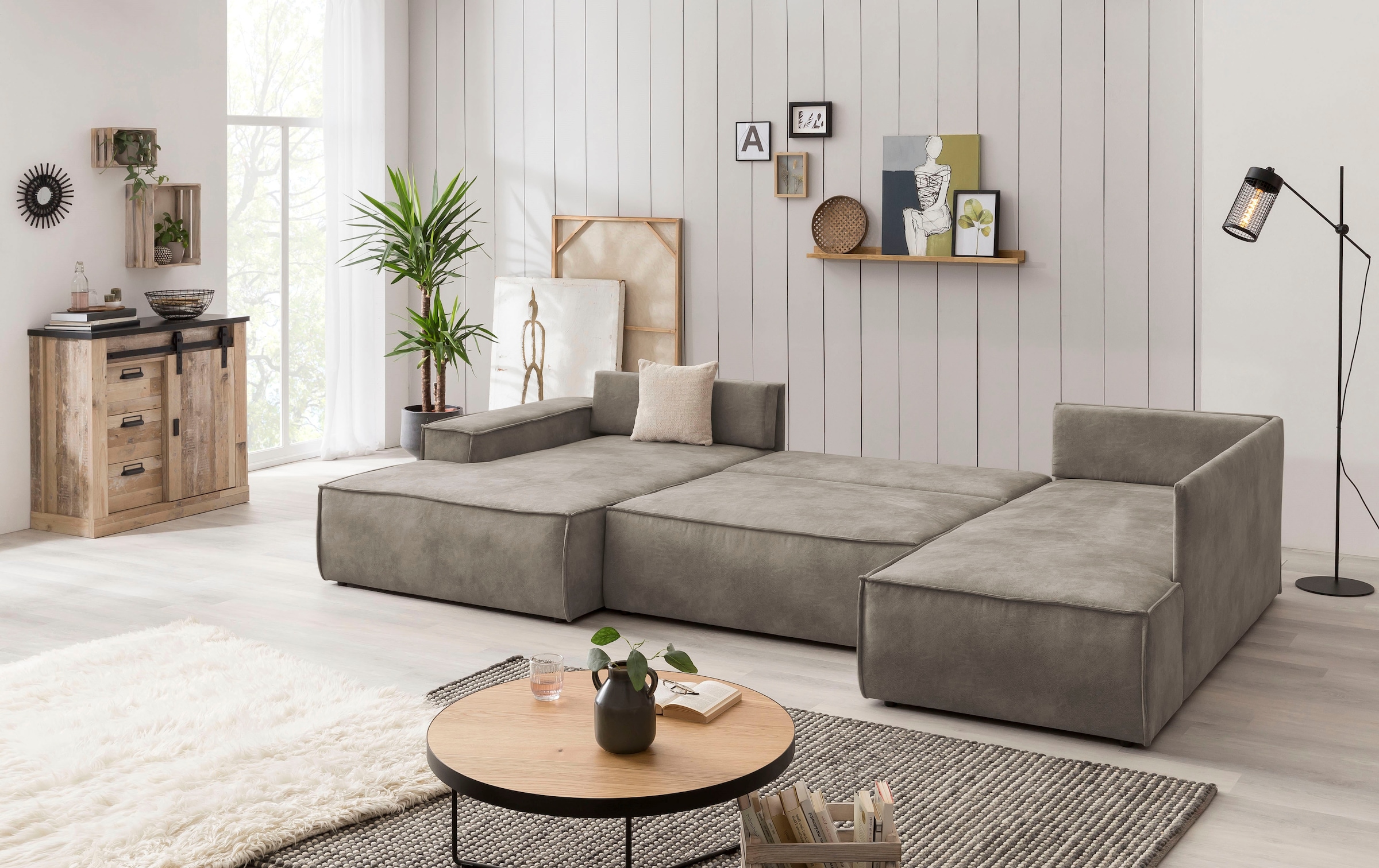 Home affaire Wohnlandschaft »SHERWOOD 329 cm, U-Form, Schlafsofa,«, Schlaffunktion m. Bettkasten (194x139 cm), Cord, Vintage, Samtvelours