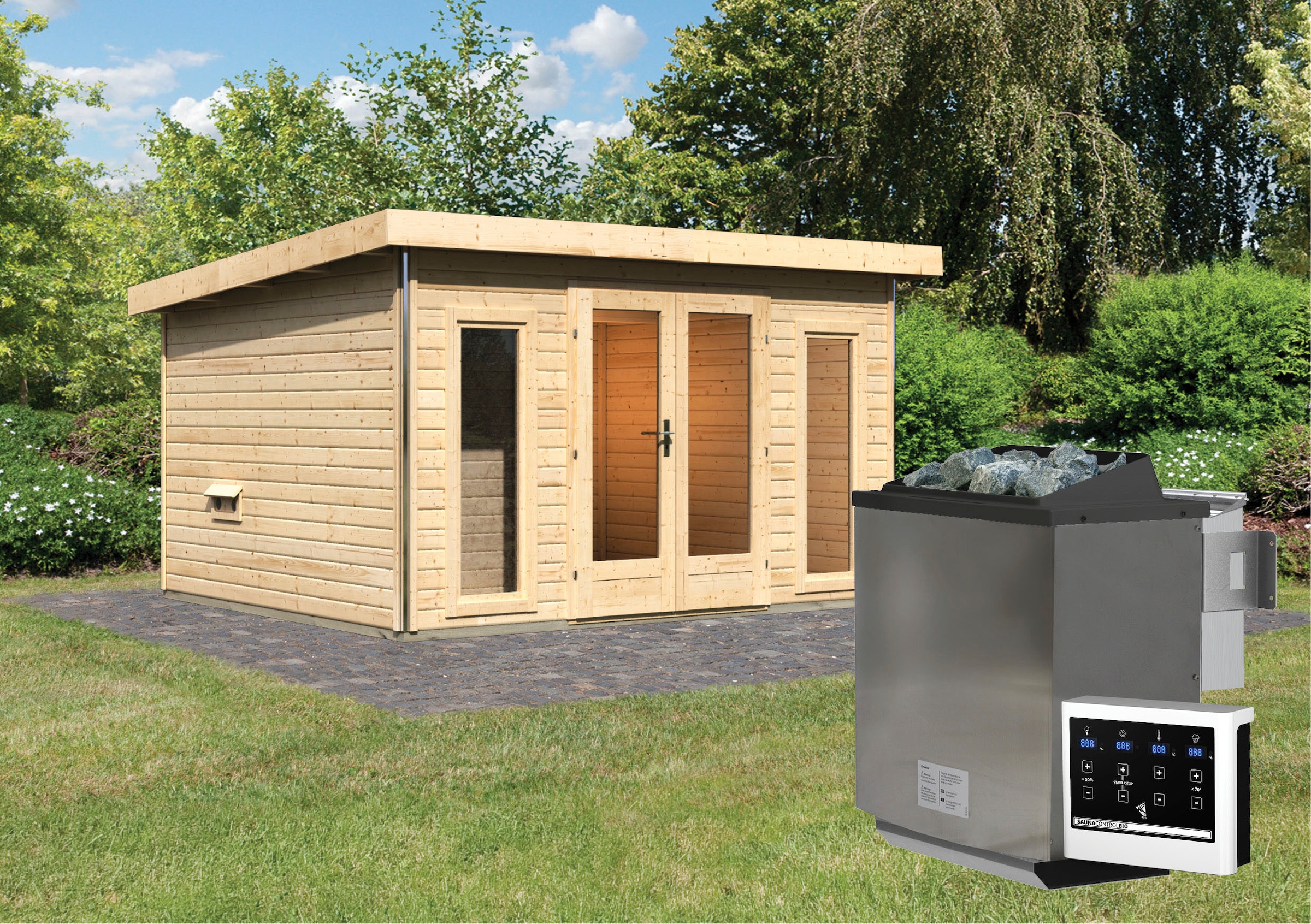 Karibu Saunahaus »Maiko 2A« Set,  Ofen 9 kW Bio externe Strg easy