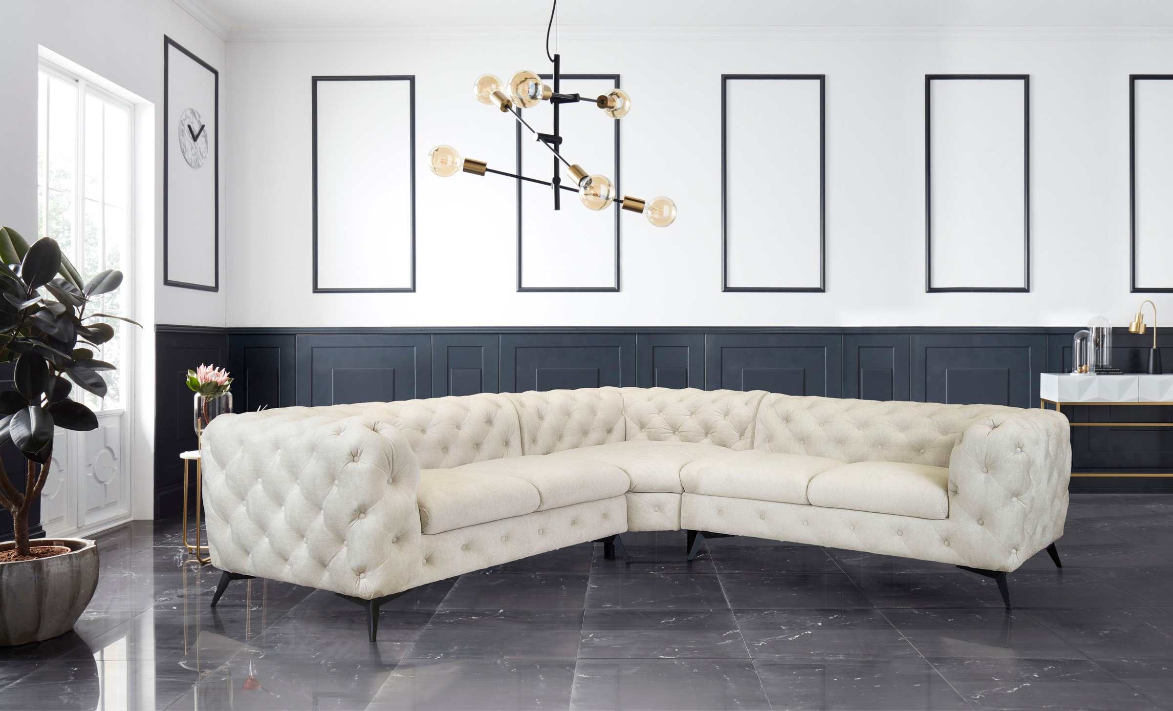 Leonique Chesterfield-Sofa »Ecksofa GLYNIS L-Form mit Wellenunterfederung, Maße B/T/H 264/264/75cm«, aufwändige Knopfheftung, moderne Chesterfield Optik, Fußfarbe wählbar