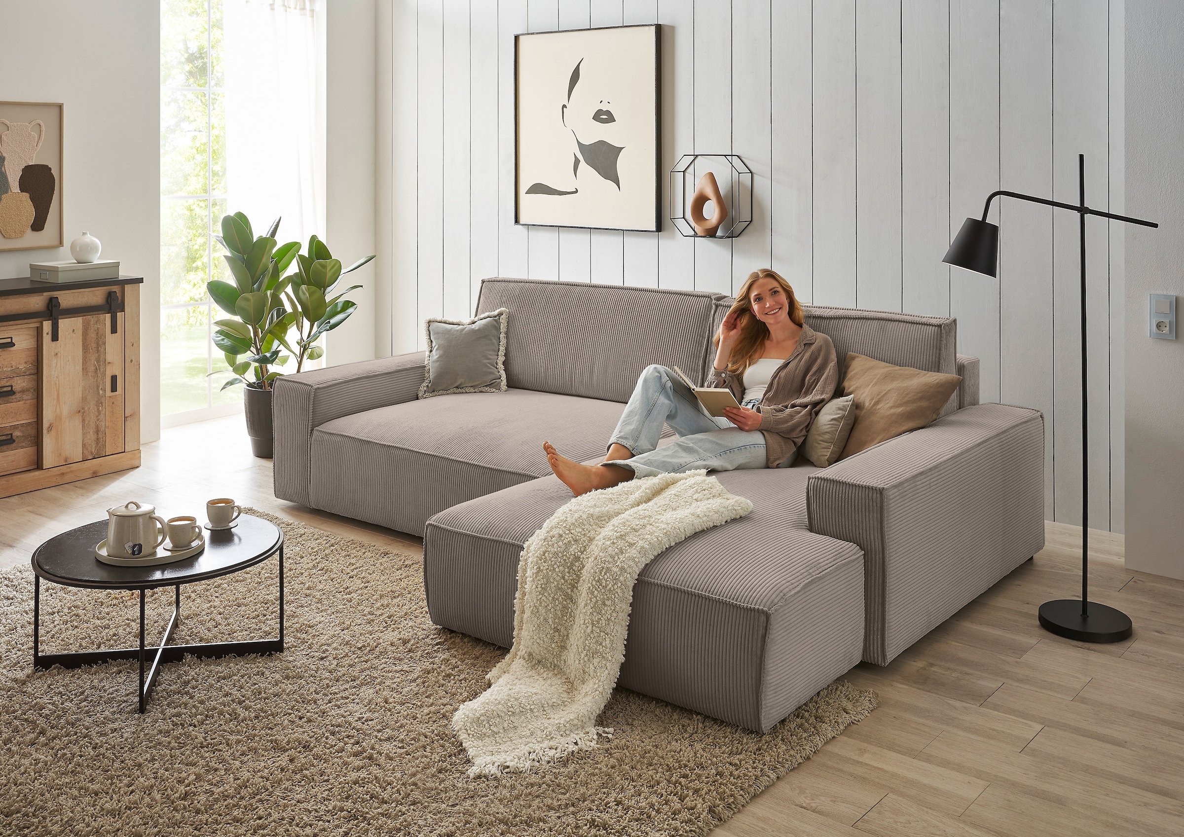 Home affaire Ecksofa »NEU: SHERWOOD XXL 284, Big-Sofa L-Form, tiefe Sitzfläche 95 cm, Cord«, Recamiere rechts/links, als Schlafsofa stellbar, Cord u. Leinenoptik