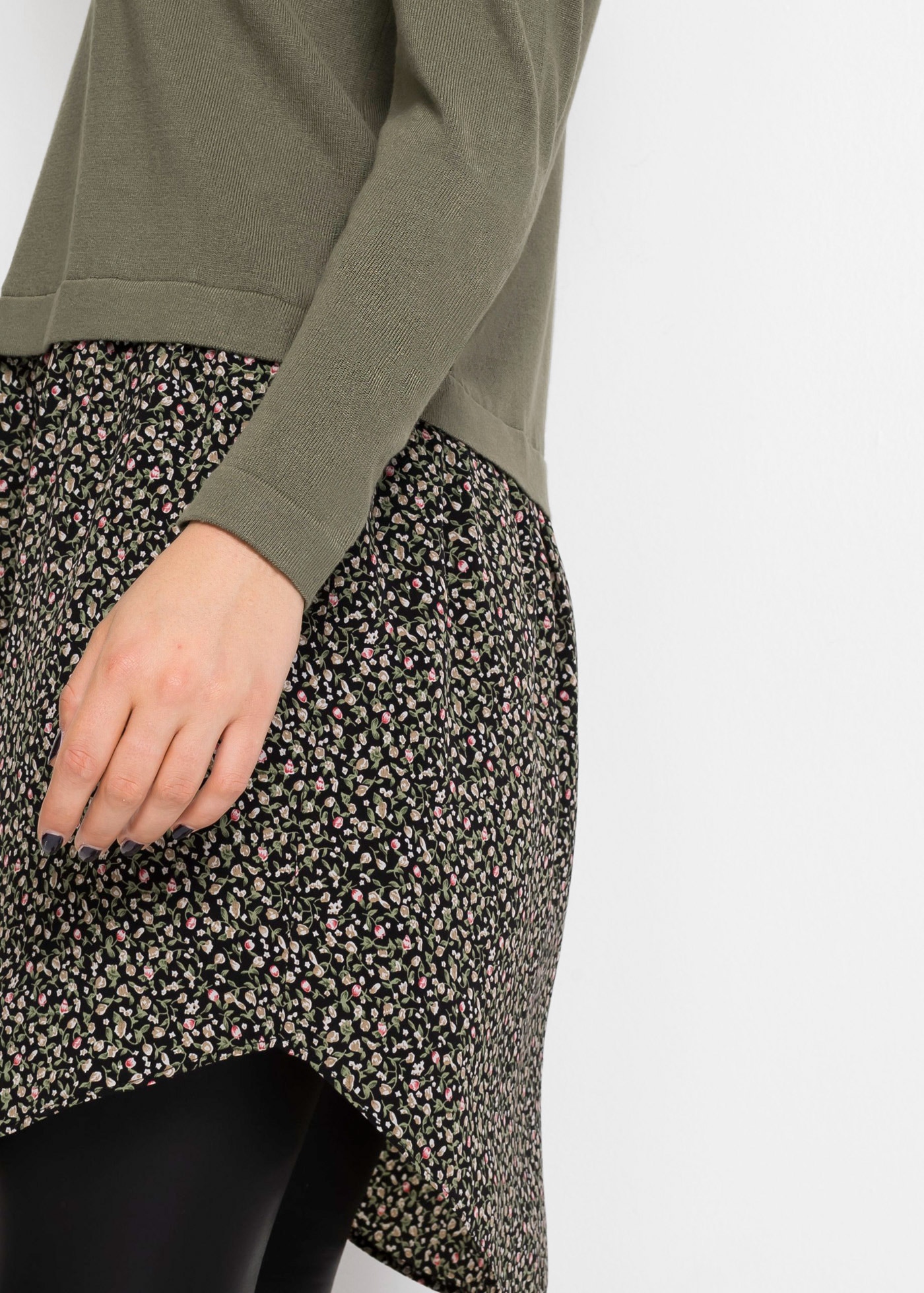 bonprix Strickpullover »Feinstrickpullover mit Rockansatz« mit Materialmix, runder Halsausschnitt, mehrfarbige Optik