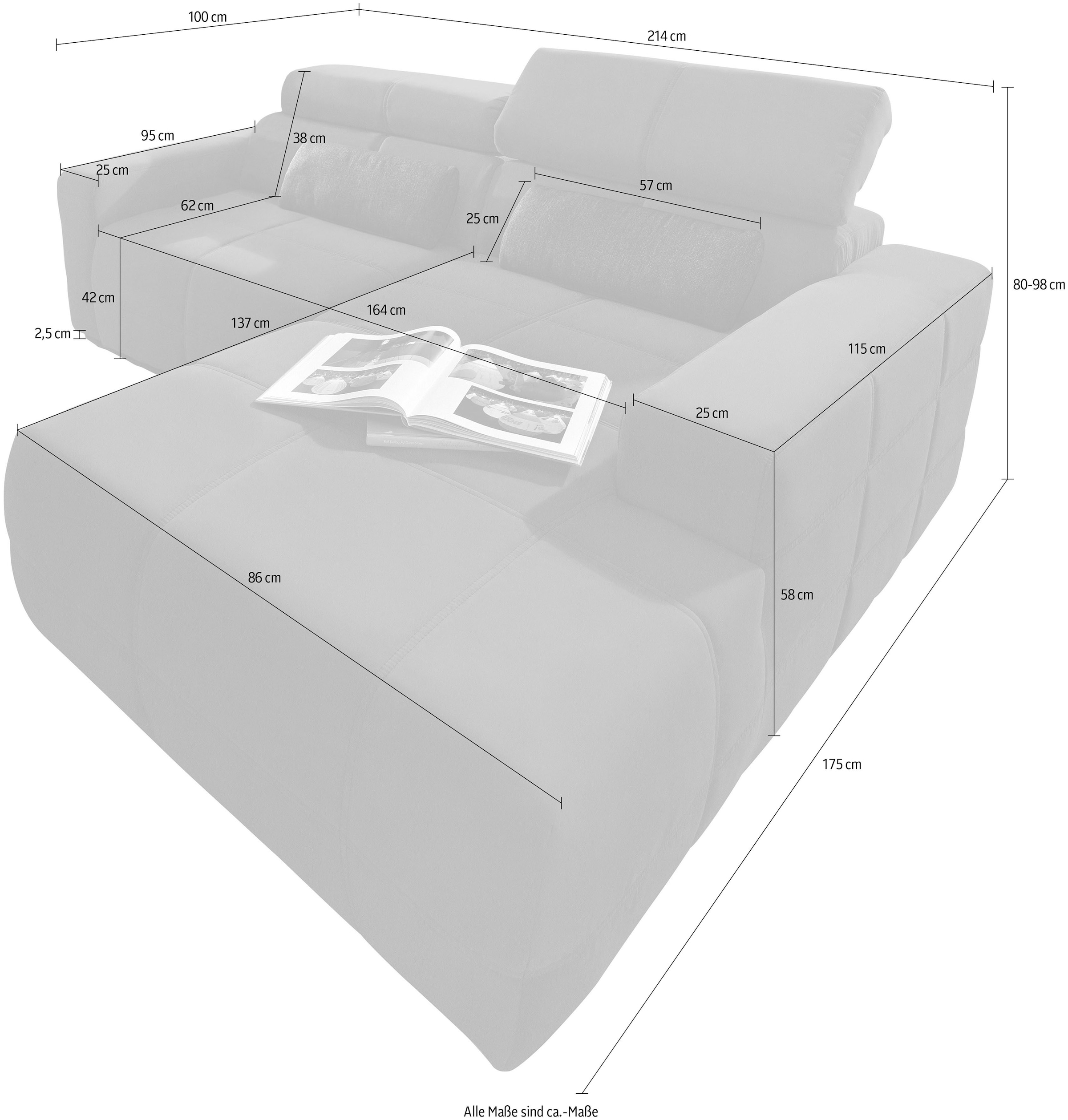 DOMO collection Ecksofa »Brandon kleine Ausführung B/T/H: 214/100/80 cm«, Mit Kopfteilverstellung, auch in Leder und Cord, L-Form