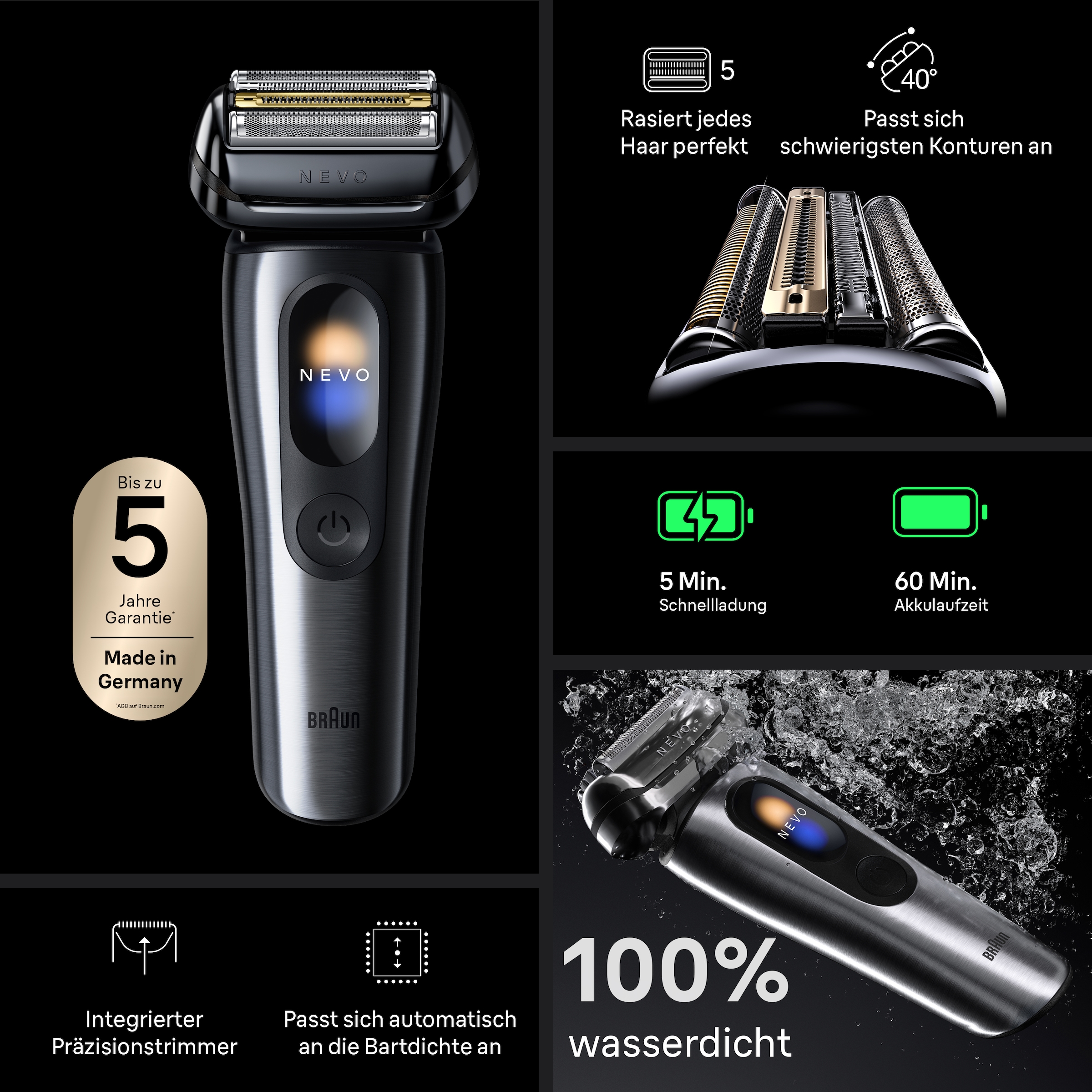 Braun Elektrorasierer »NEVO 15000cc« SmartClean-Plus-Reinigungsstation integrierter Präzisionstrimmer AeroTouch, Smart Display, 7-in-1 Care System, Reiseetui, Silber