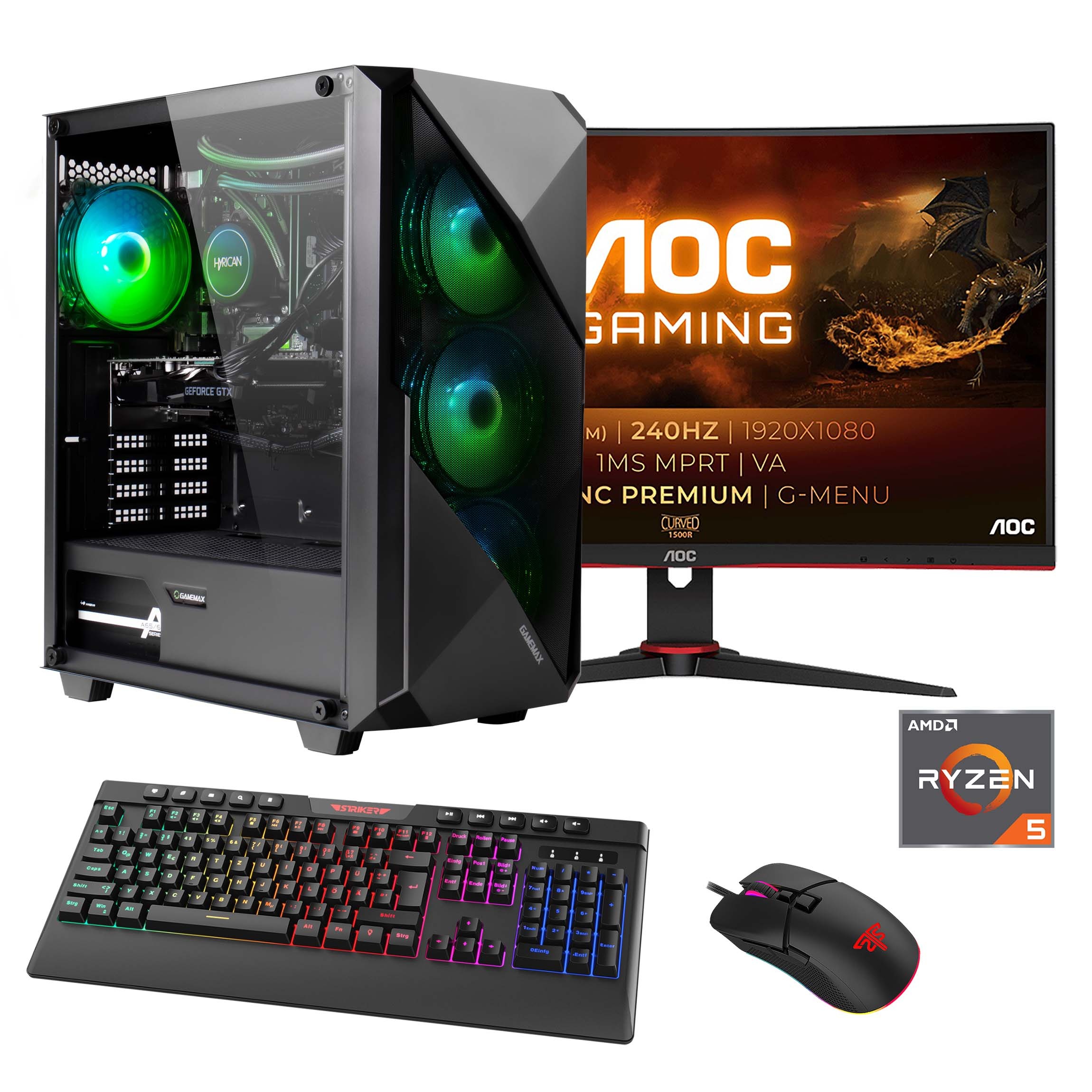 Hyrican Gaming-PC-Komplettsystem »Striker SET02397«, (PCIe SSD Gen4), DDR5, Windows 11, inklusive 27" Curved Monitor AOC C27G2ZE/BK