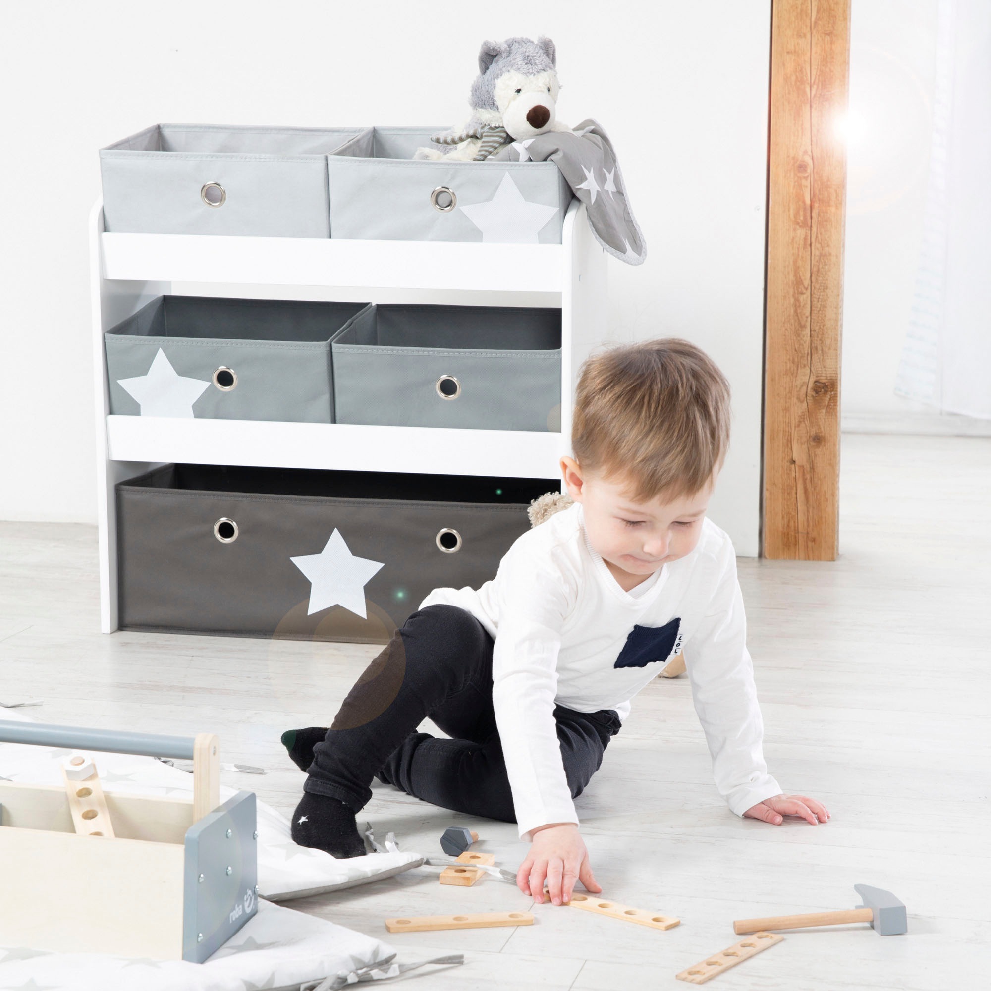 roba® Kinderregal »Stars, grau«, inklusive 5 Stoffboxen in 2 Größen