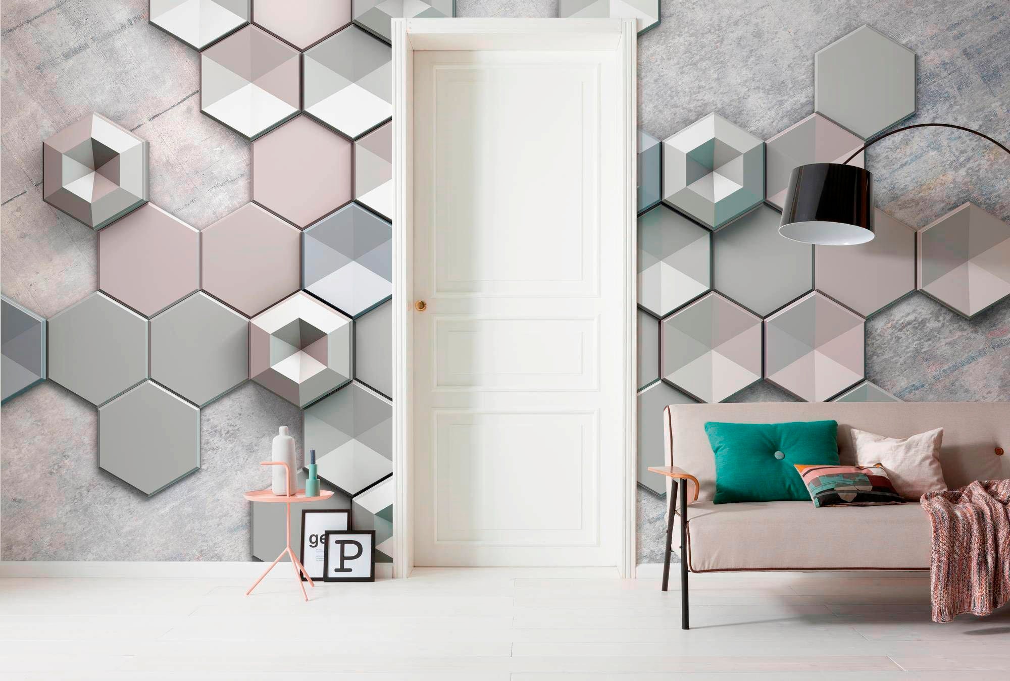 Komar Vliestapete »Digitaldruck Vlies - Hexagon Concrete - Größe 400 x 250 cm«, bedruckt, Wohnzimmer, Schlafzimmer