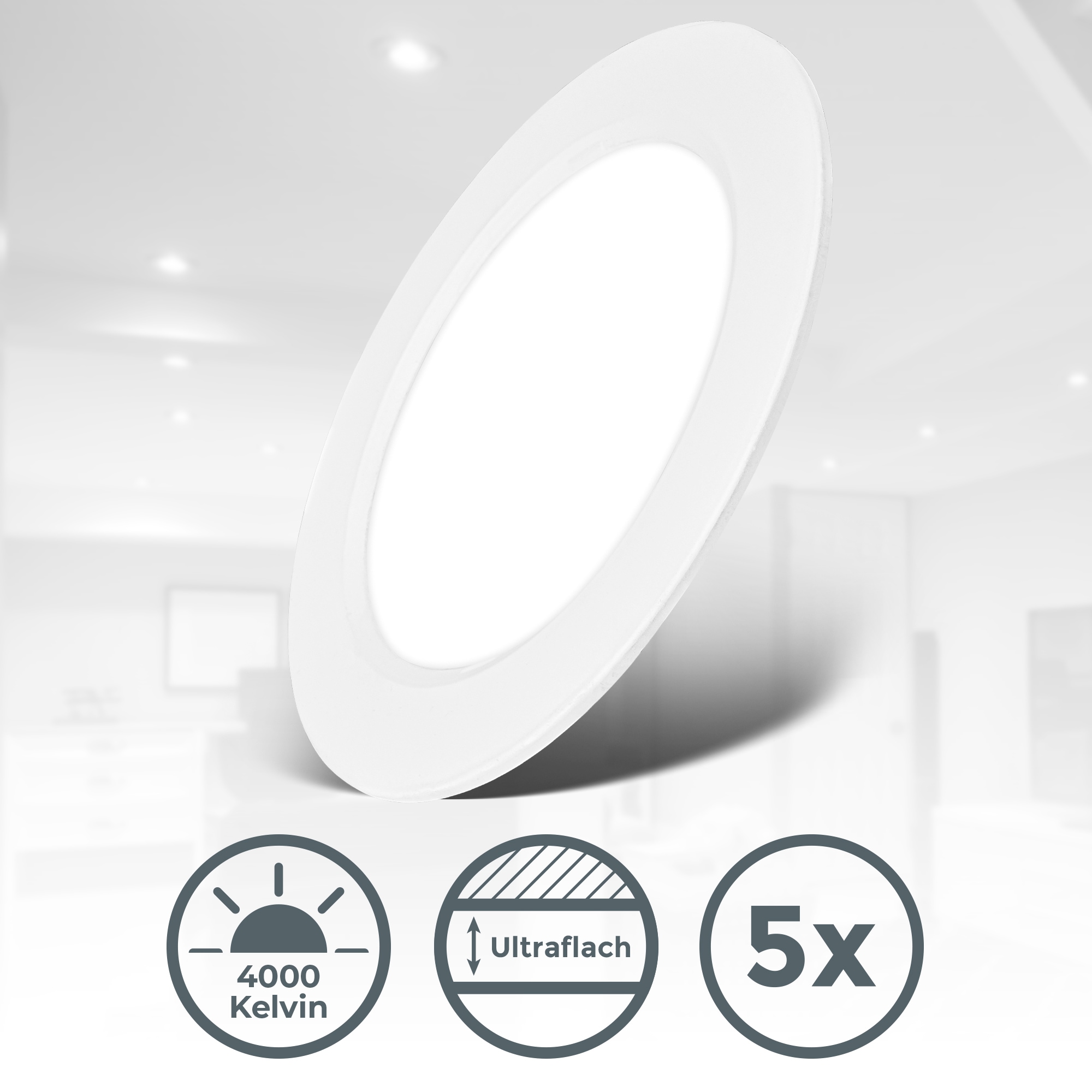 B.K.Licht Einbauleuchte »BK_EL1619 5er Set LED Einbaustrahler, Ultraflach, IP20 Deckenspots« LED-Modul 5 Stk. Neutralweiß 4.000 K, 660Lm, 6W, Kunststoff, 12 x 2,8 cm, Weiß