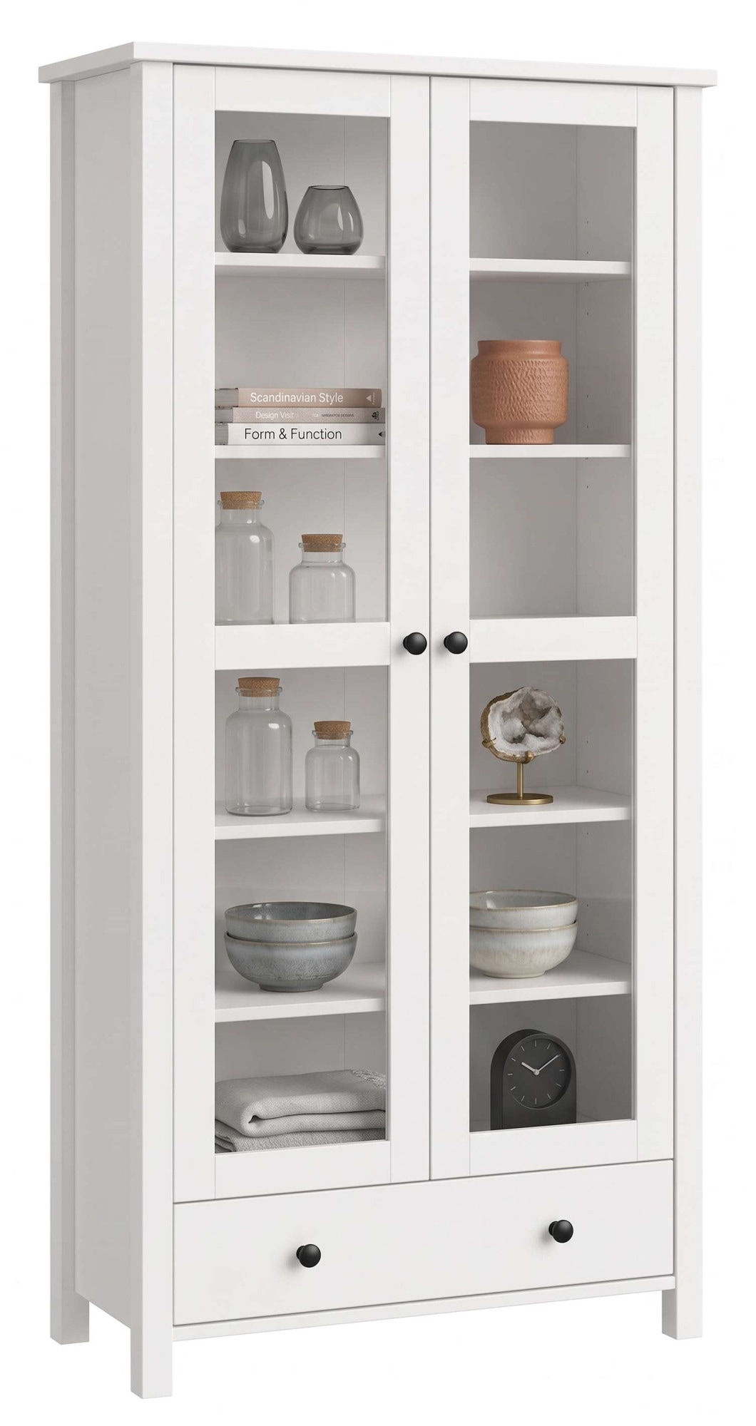 OTTO home Vitrine »Mikkeli Glasvitrine mit 1 Schubkasten, Knopfgriffen aus Metall« aus massiver FSC®-zertifizierter Kiefer, moderner Landhausstil