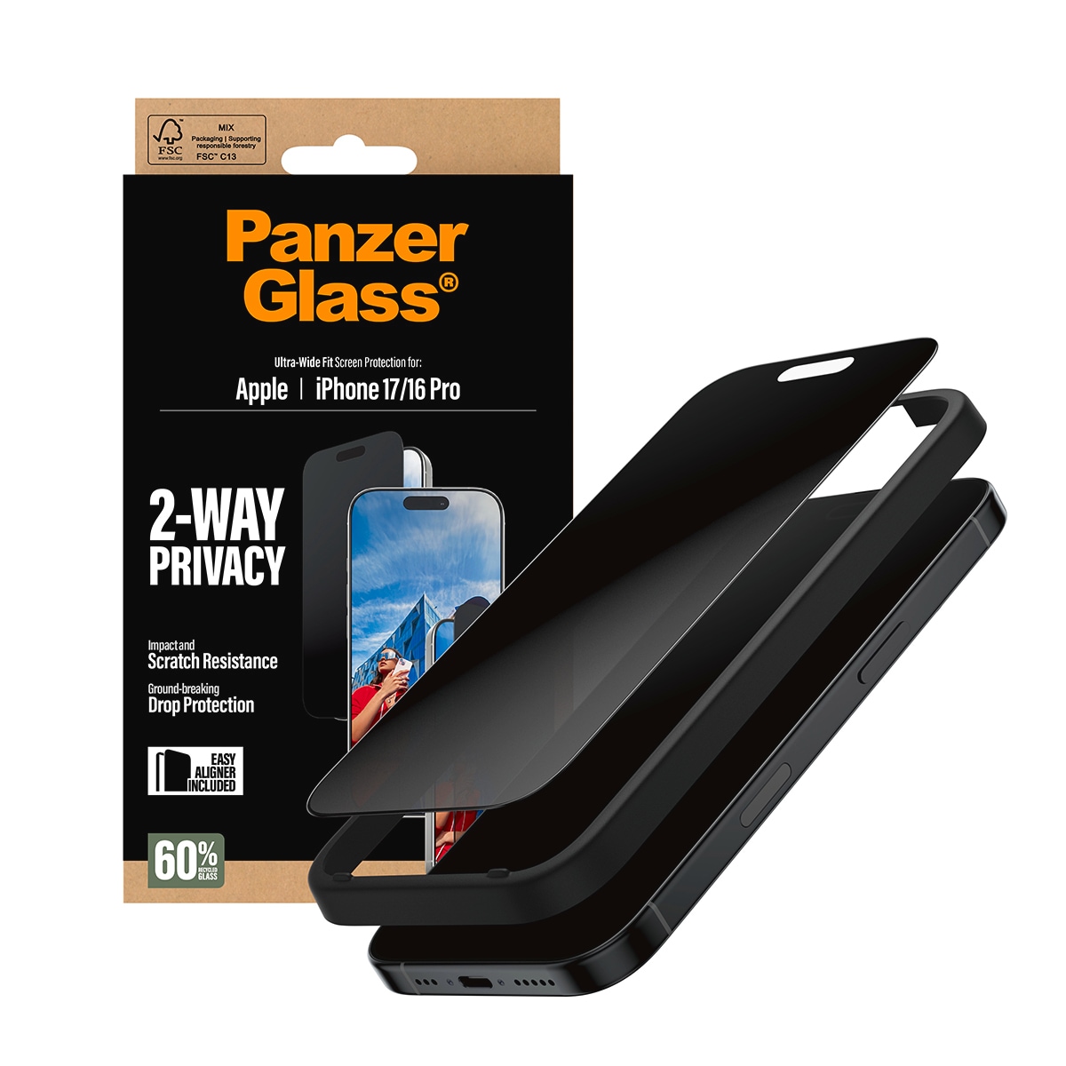 CARE by PanzerGlass Displayschutzglas »2-Way Privacy Ultra-Wide Fit Screen Protector« für Apple iPhone 17;Apple iPhone 16 Pro Displayschutzfolie, Schutzfolie, Bildschirmschutz, kratz- & stoßfest