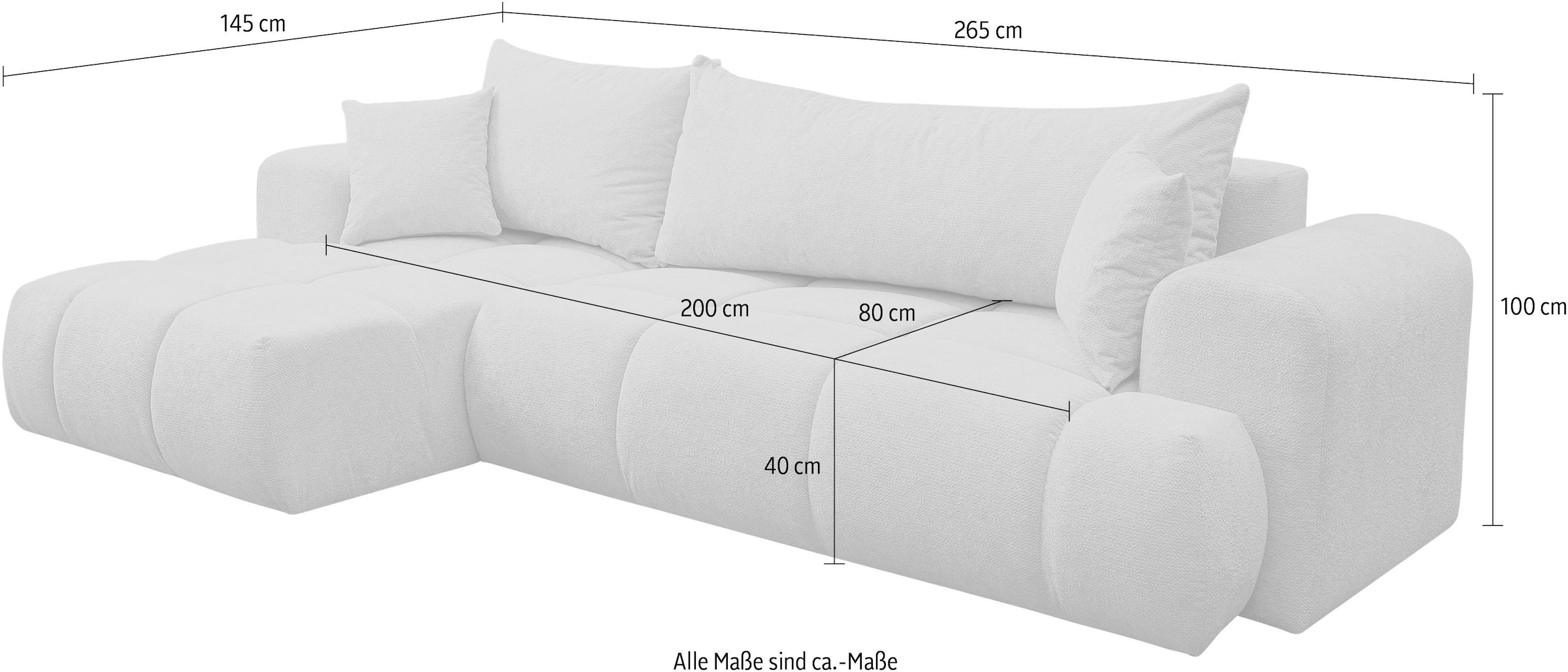 WERK2 Ecksofa »Ewela-Bubble 265 cm breit mit Bett & Bettkasten« Bouclé, L-Form, Schlaffunktion, Bettkasten