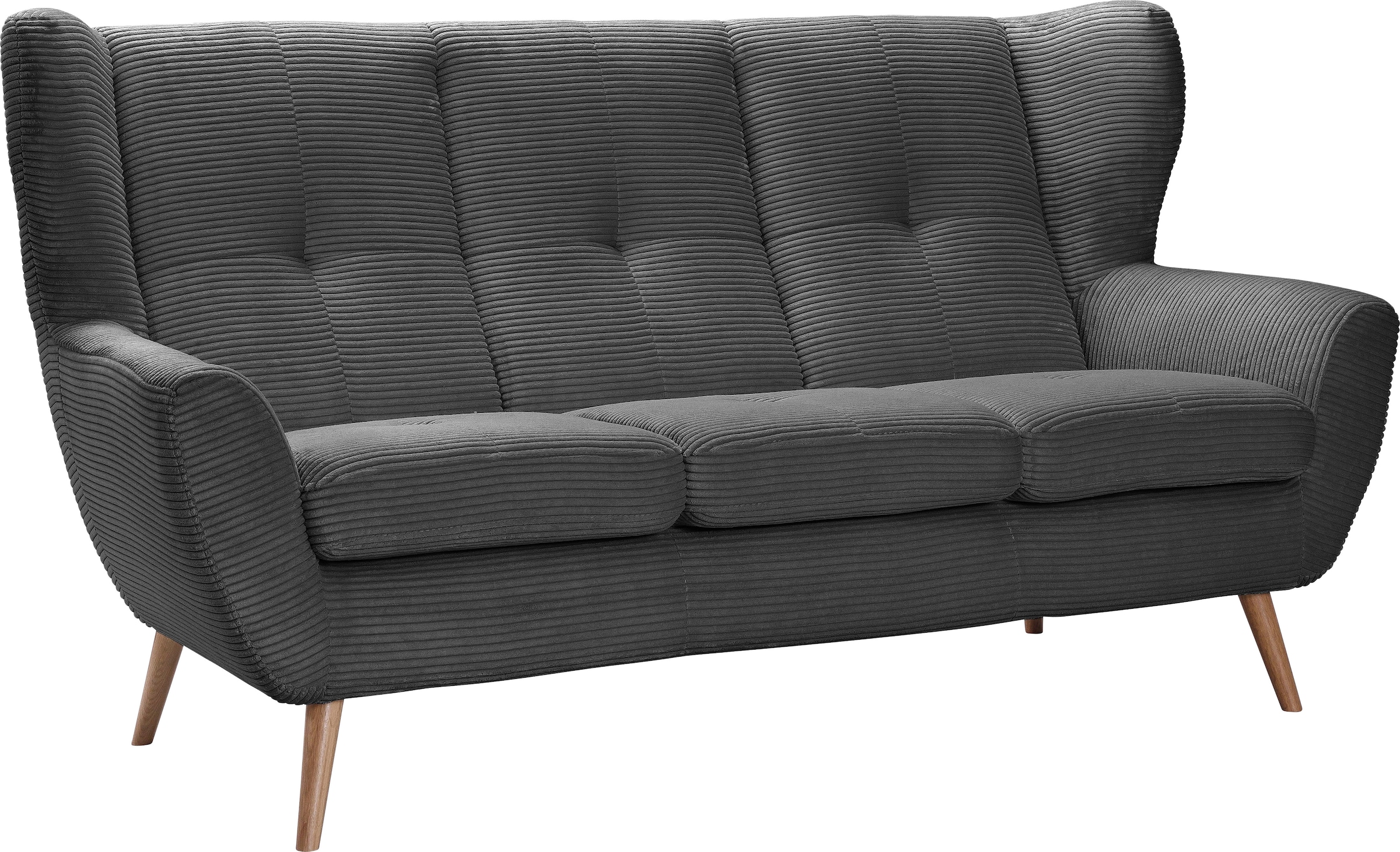 exxpo - sofa fashion 3-Sitzer »ALVESTA, Loungesofa, Küchensofa, hoher Sitzkomfort, Ohrenbackensofa«, gemütliche Rückenlehne, mit Knopfheftung und hohen Holzfüßen, in Cord