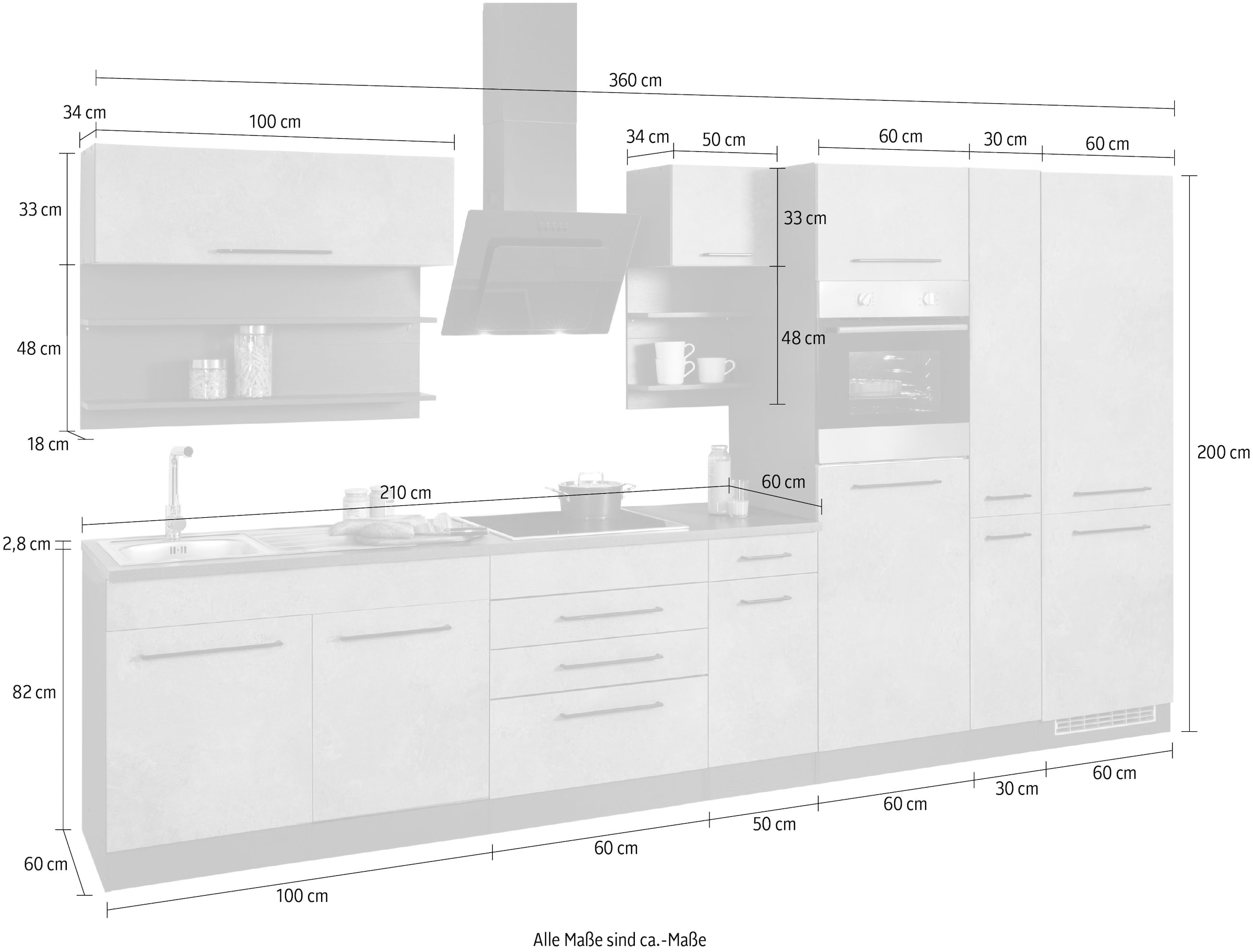 KOCHSTATION Küchenzeile »KS-Tulsa«, ohne E-Geräte, Breite 360 cm, schwarze Metallgriffe, MDF Fronten