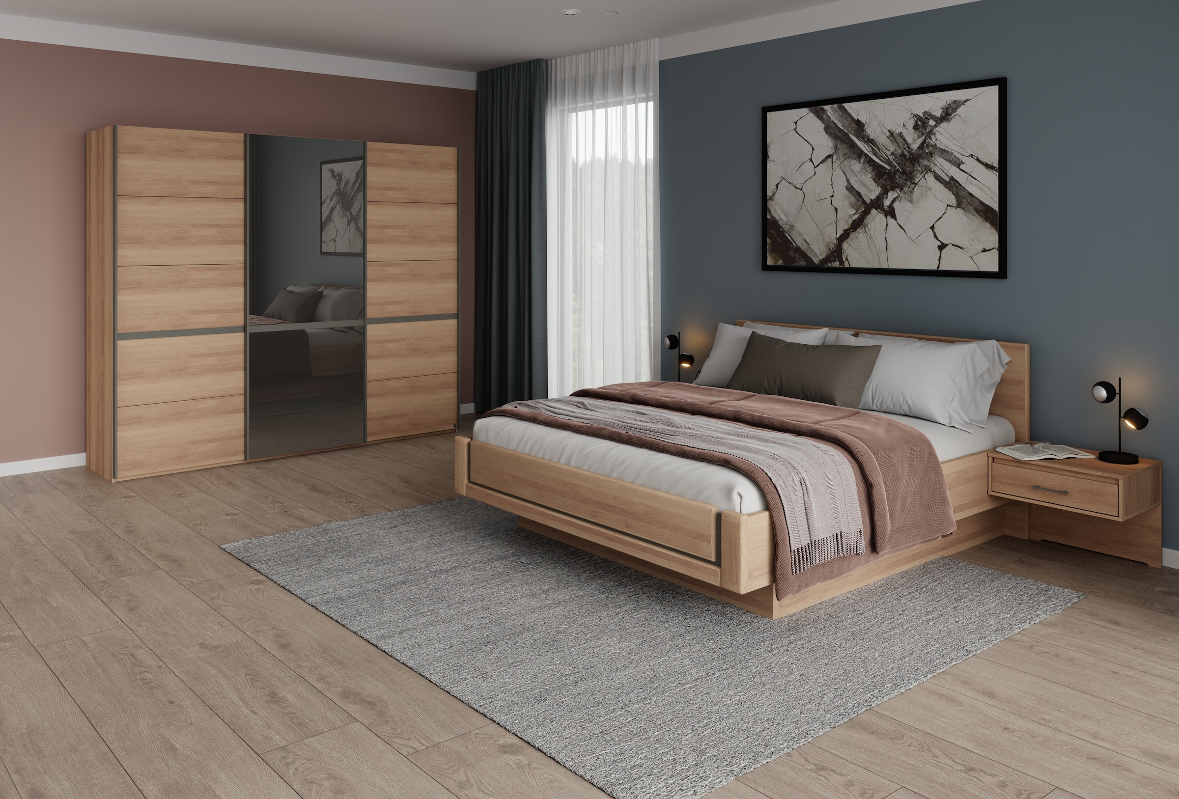 Musterring Schlafzimmer-Set »Sorrent, Kleiderschrank, Bett & Nachtkommoden, teilmassiv Eiche«, (2er-Set Nachtschränke, Schwebetürenschrank 250 cm, Bett 180x200 cm), mit Schwebetürenschrank, Bett schwebende Optik, Breite Schrank 250cm