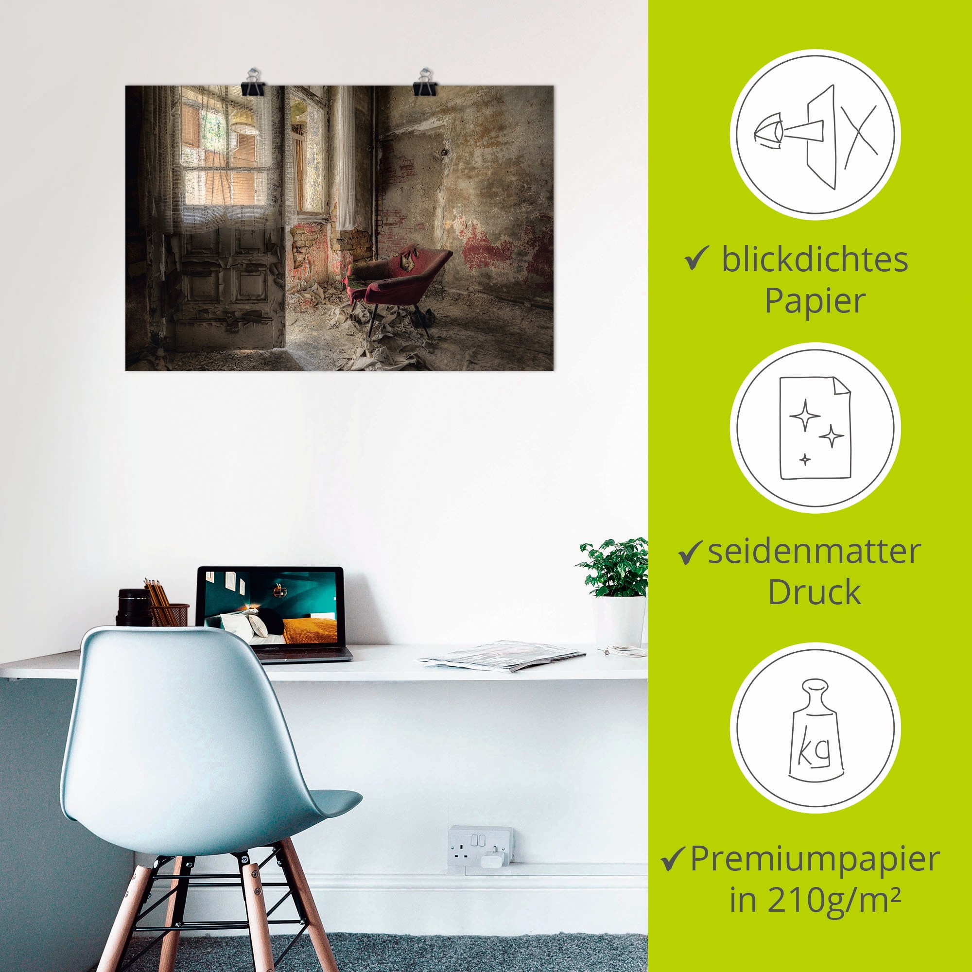 Artland Wandbild »Lost Place - roter Sessel I« Innenarchitektur 1 Stk. tlg. als Alubild, Leinwandbild, Poster in verschied. Größen