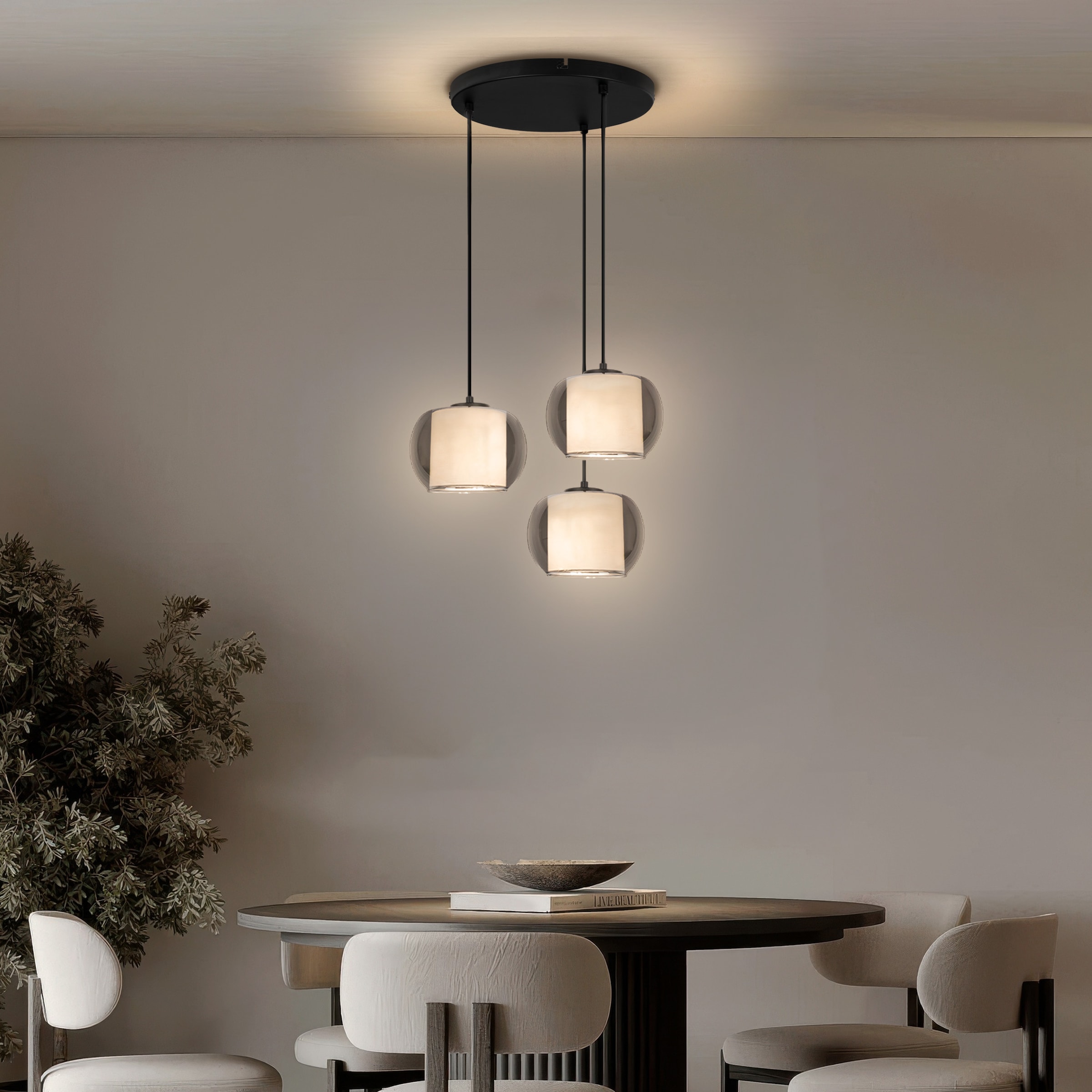 OTTO home Pendelleuchte »Tanissa mit Doppelschirm« E27 1 Stk. Pendellampe, 3er Rondell, Rauchglas, Stoffschirm, E27, Glasschirm