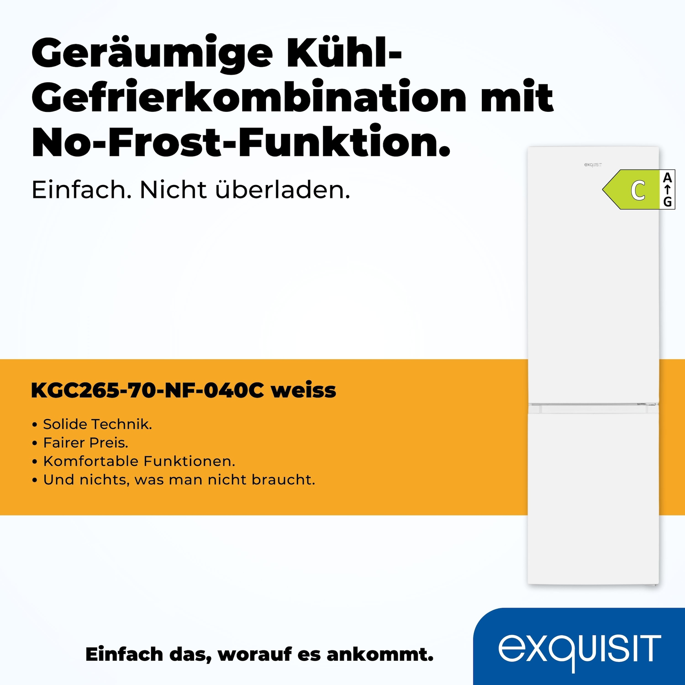 exquisit Kühl-/Gefrierkombination »KGC265-70-NF-040C« 180,5 cm hoch 54,5 cm breit Energieeffizienzklasse C, 253 Liter Nutzinhalt, Total NoFrost