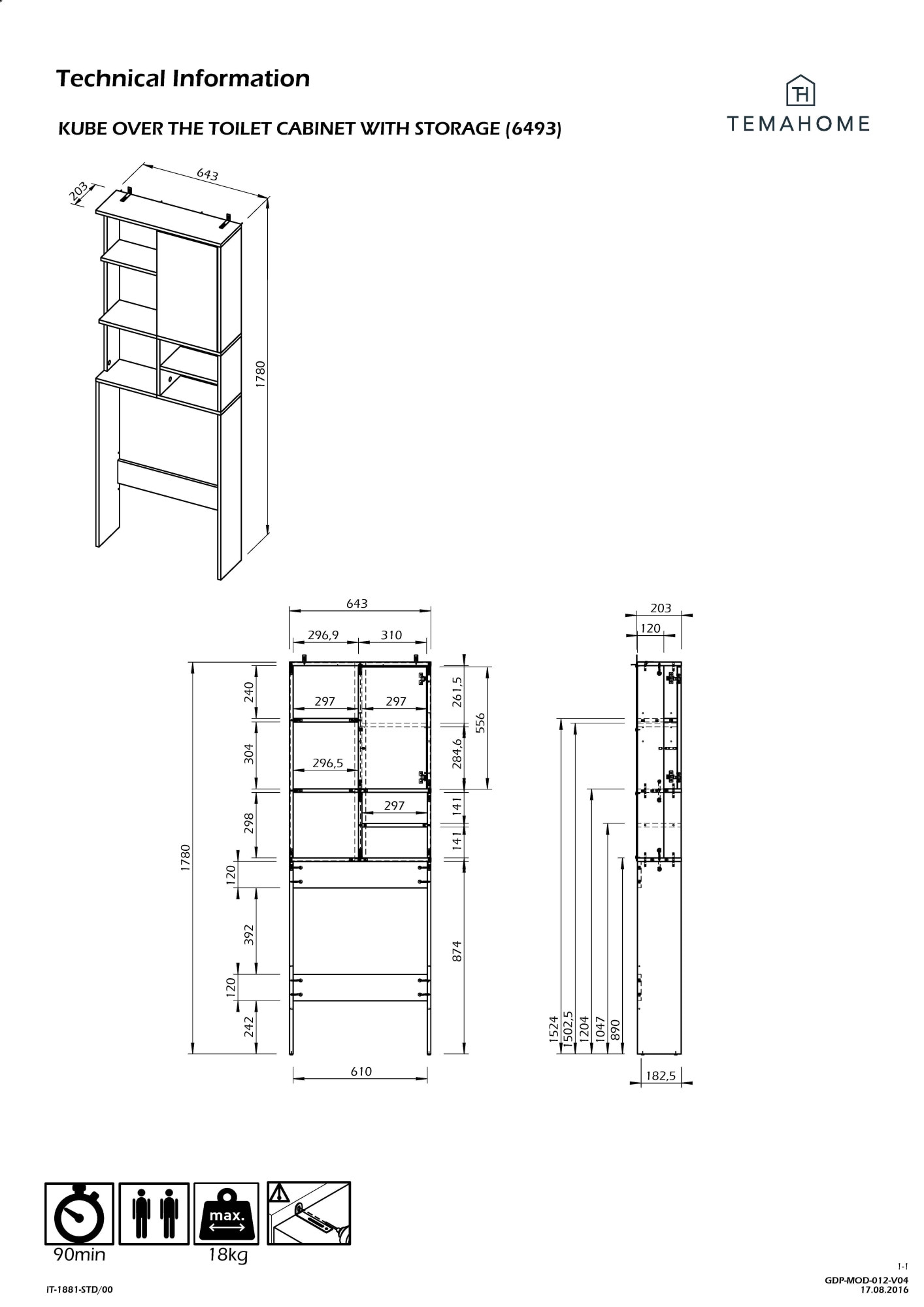 TemaHome Waschmaschinenumbauschrank »Kube Überbauregal, Badmöbel, Badschrank, Höhe 179 cm«, mit einer Tür und und offene Fächer