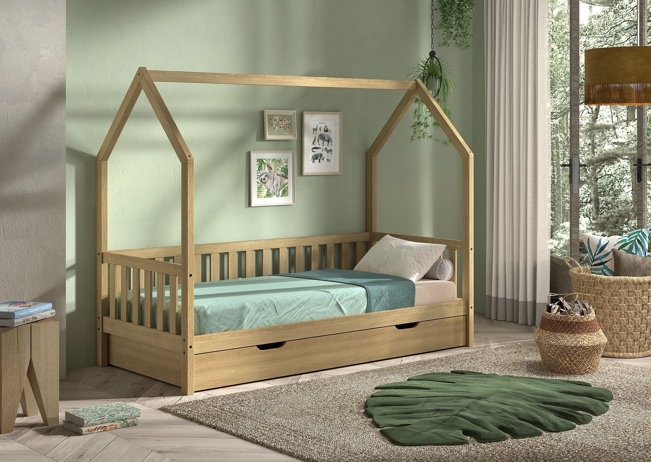 Vipack Hausbett »Cabane, mit Dachaufbau, Bettschublade auf Rollen u. Sprossenumrandung«, (B/H/T ca. 208x169x98 cm) aus massiver Eiche, Oberfläche Natur), sehr stabil und standfest gebaut inkl. Massivholz Rolllattenrost