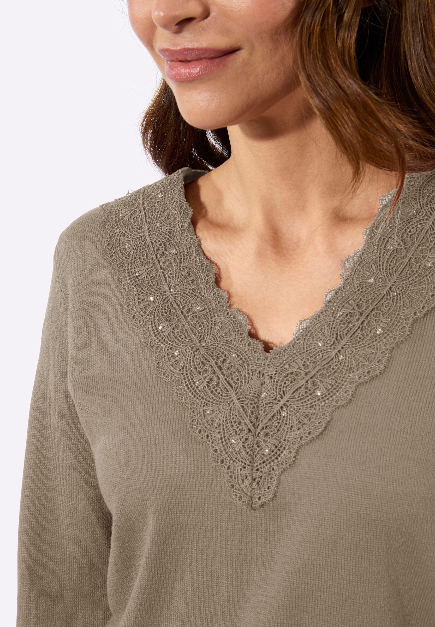 Witt Longpullover »Pullover Feinstrickpullover mit Spitzenbesatz«