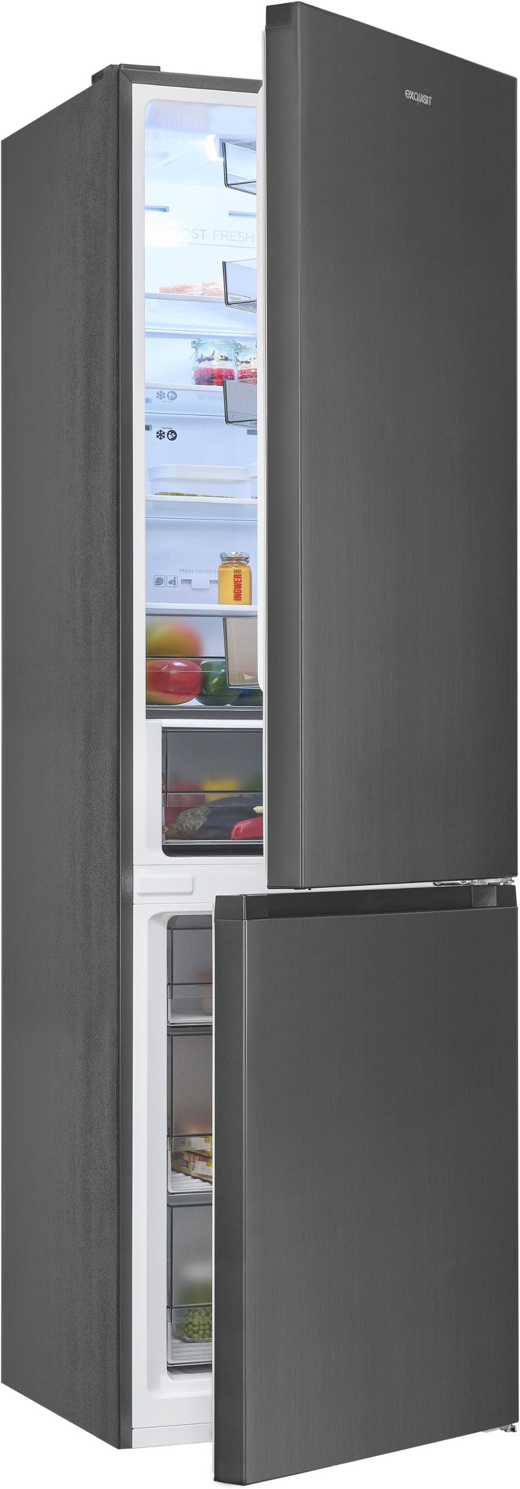 exquisit Kühl-/Gefrierkombination »KGC380-115-NF-040A inoxlook-az« 200,5 cm hoch 59,5 cm breit Humidity Box für optimale Feuchtigkeitsregulierung & kein Abtauen mehr