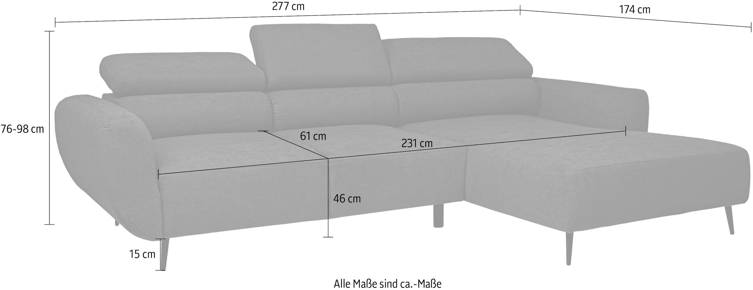 WERK2 Ecksofa »Alisson Sitztiefe elektrisch verstellbar & 3 verstellbaren Kopfstützen« Schwebendes L-Form Sofa in Cord, 15 cm bodenfrei (saugrobotergeeignet)