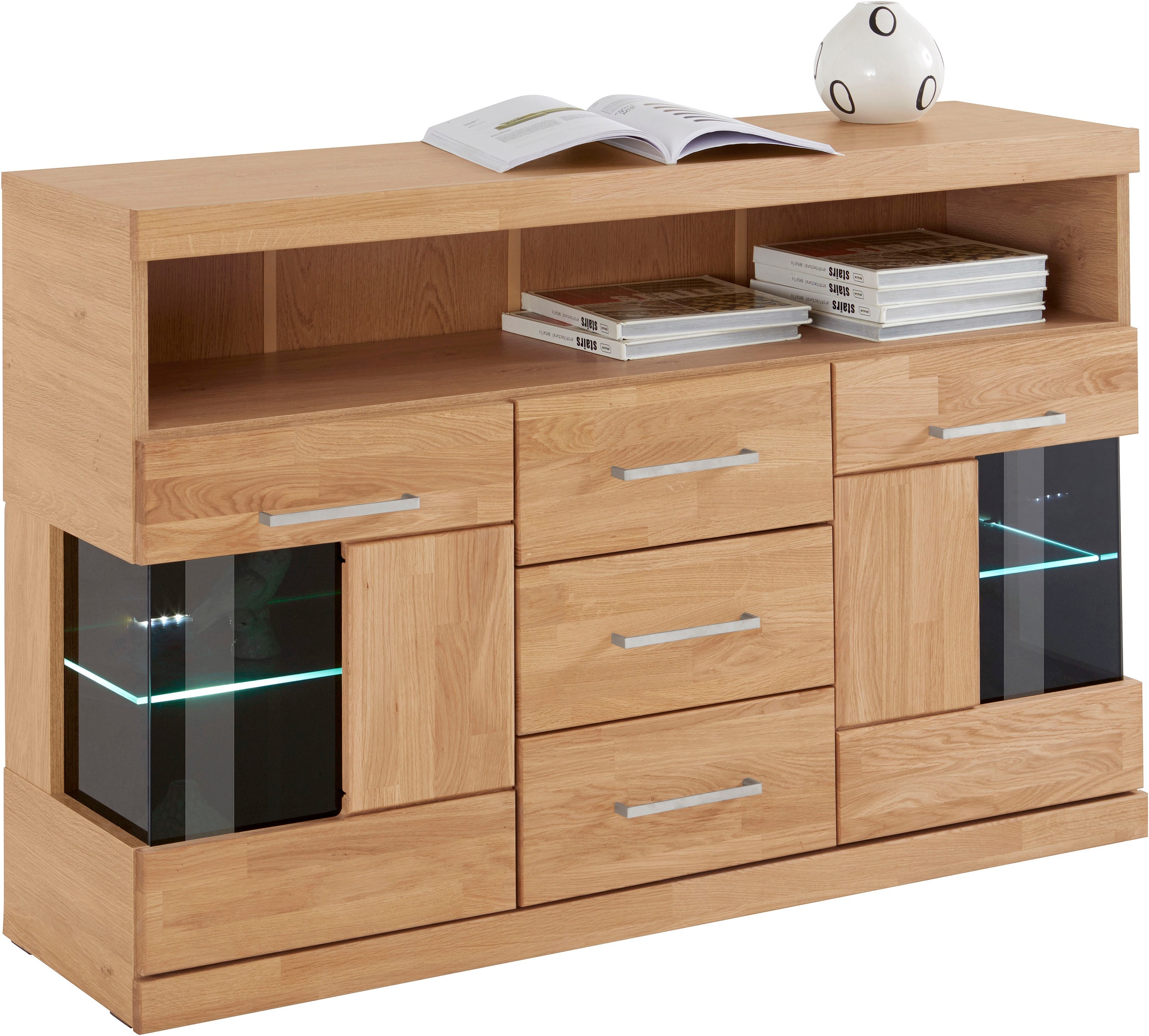 Home affaire Sideboard »Ribe,125cm breit, Fronten Massivholz,5 Fächer,Böden versetzbar«, Korpus Holzwerkstoff,Türen mit Glaseinsatz,3 Schubladen,Metallgriffe