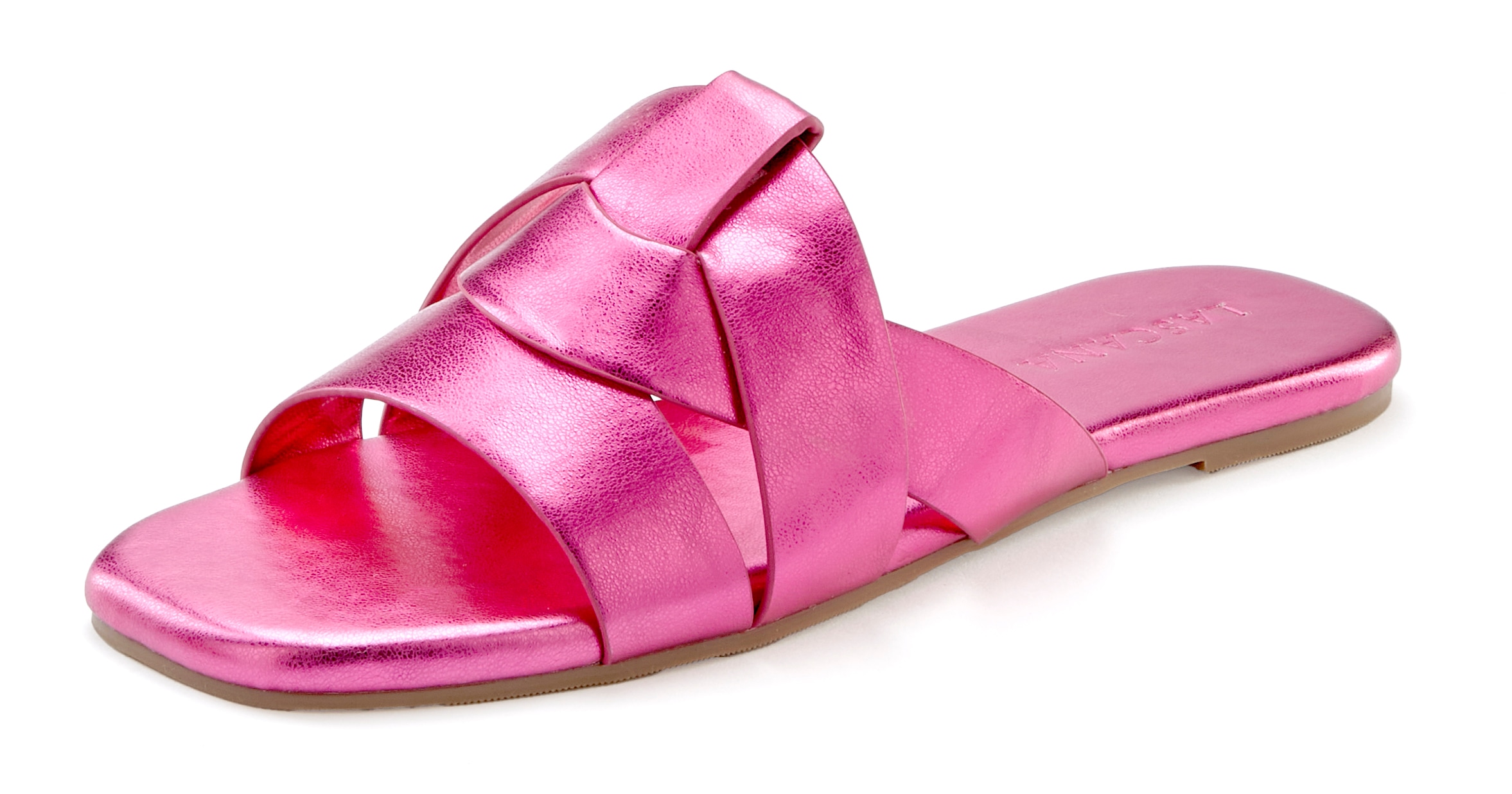 LASCANA Pantolette »Mule, Sommerschuh, offener Schuh, Sandale«, im modischen Metallic Look mit raffinierten Riemchen VEGAN
